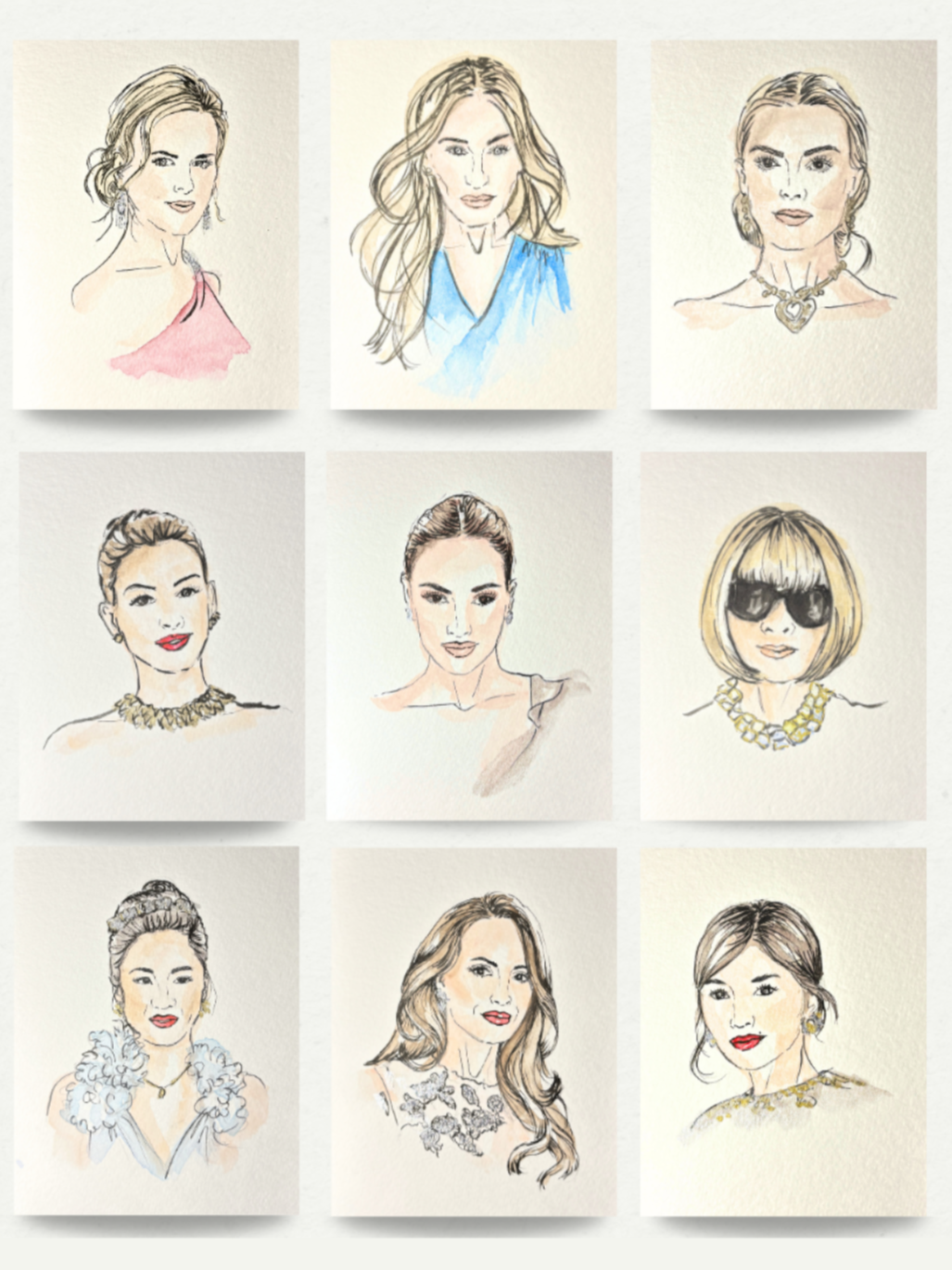 Collection of face-focused wedding guest portraits highlighting facial features, hair and accessories.