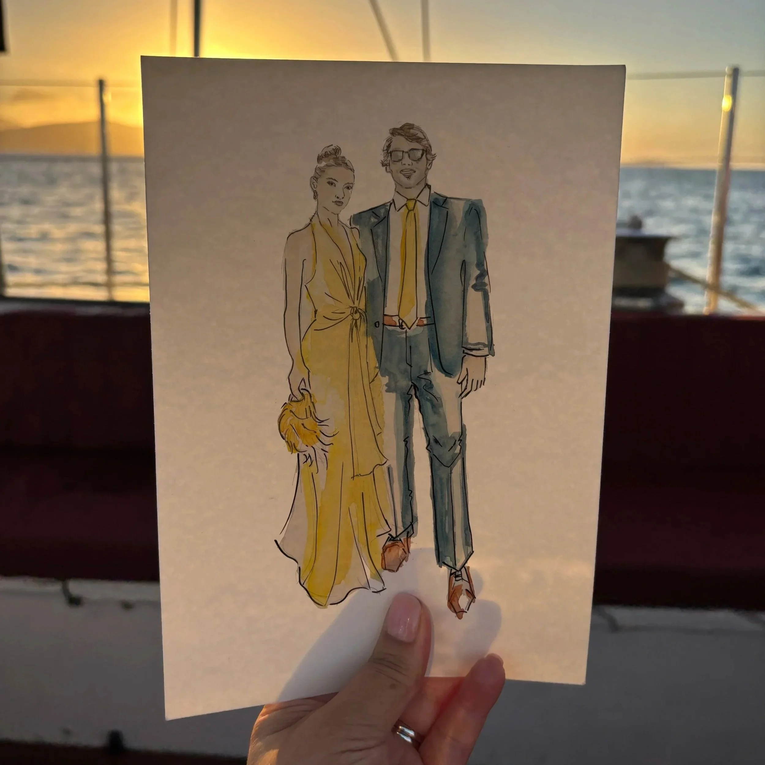 Colour full-outfit guest portrait of a couple in formalwear, created for a live brand activation.