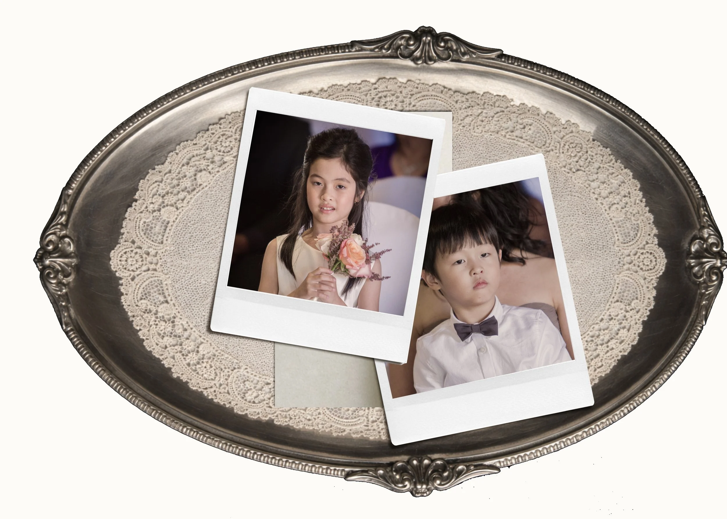 Reference photographs of two children selected for personalised hand-drawn portrait commissions.