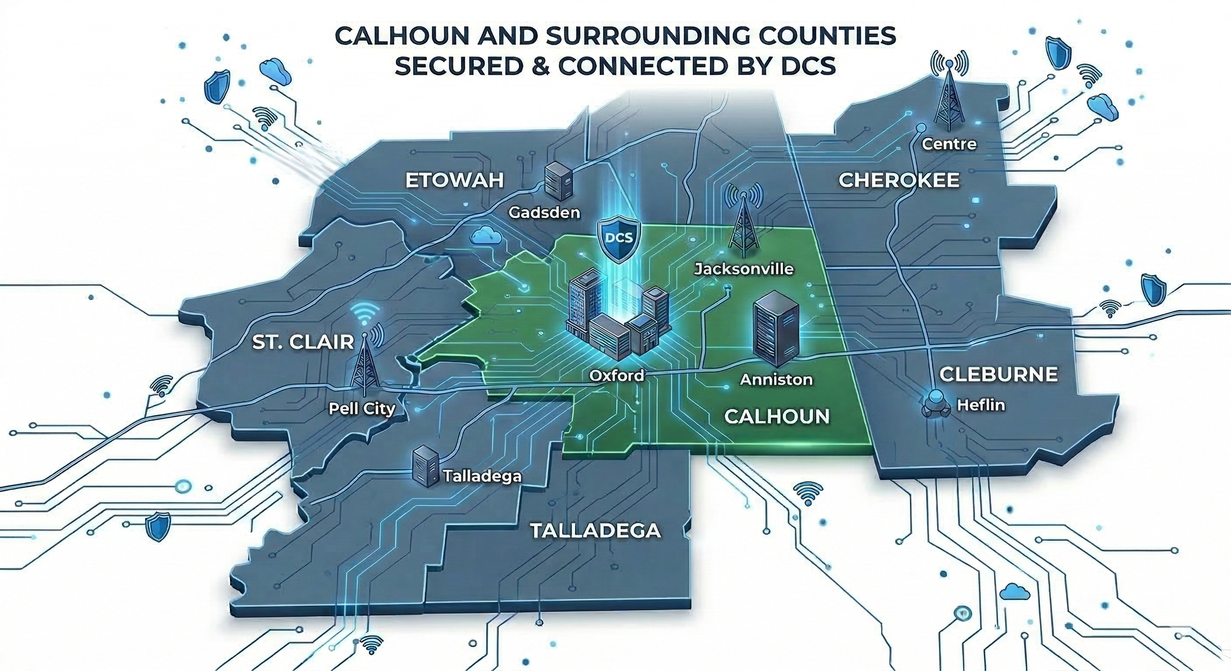 A map of Calhoun and surrounding counties showing secure IT services  and connected areas by DCS, with icons representing computer circuit board, Wi-Fi, Internet connection, Networking, Servers and shields for cybersecurity.
