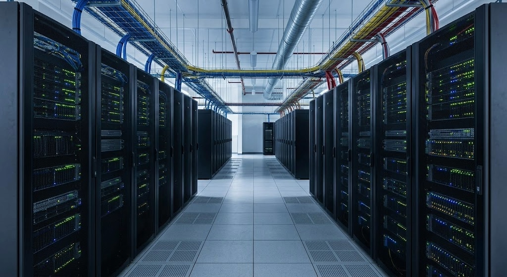 View of a data center with server racks lined up on both sides, with cables and cooling ducts overhead referring to the need for data storage and Cloud services.