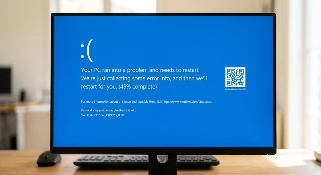 A computer monitor displays the blue screen of death indicating a Windows stop error with the message about a critical problem and a restart needed, along with a QR code and technical info.