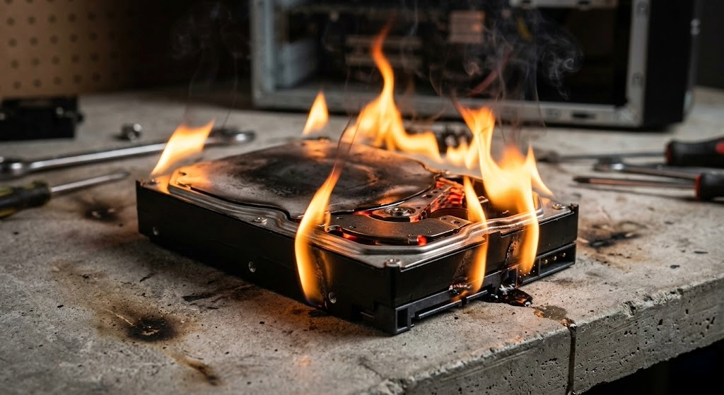 A hard drive on a worktable on fire with flames and smoke referring to the need for data backup and disaster recovery.