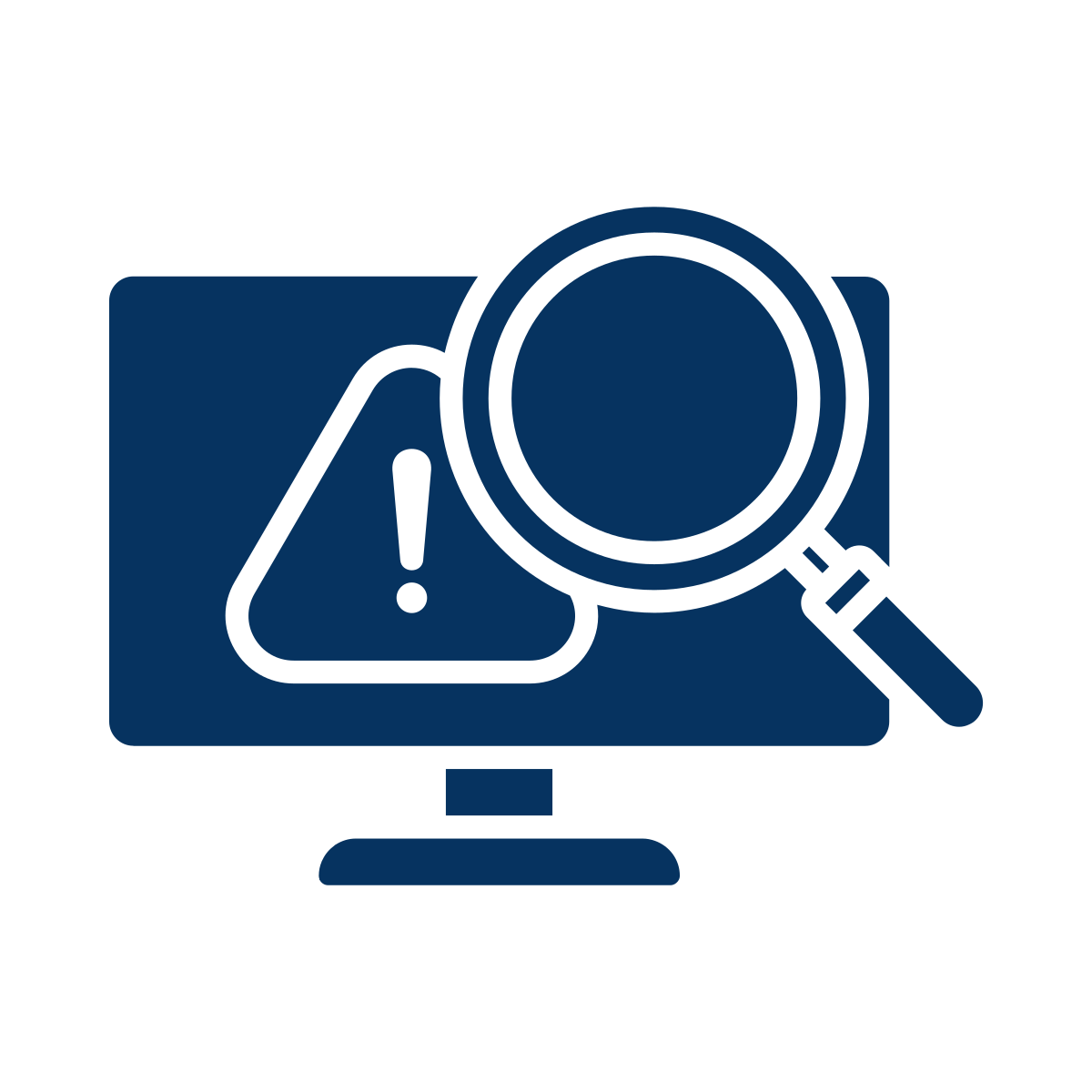 Computer monitor displaying a warning icon with an exclamation mark and a magnifying glass.