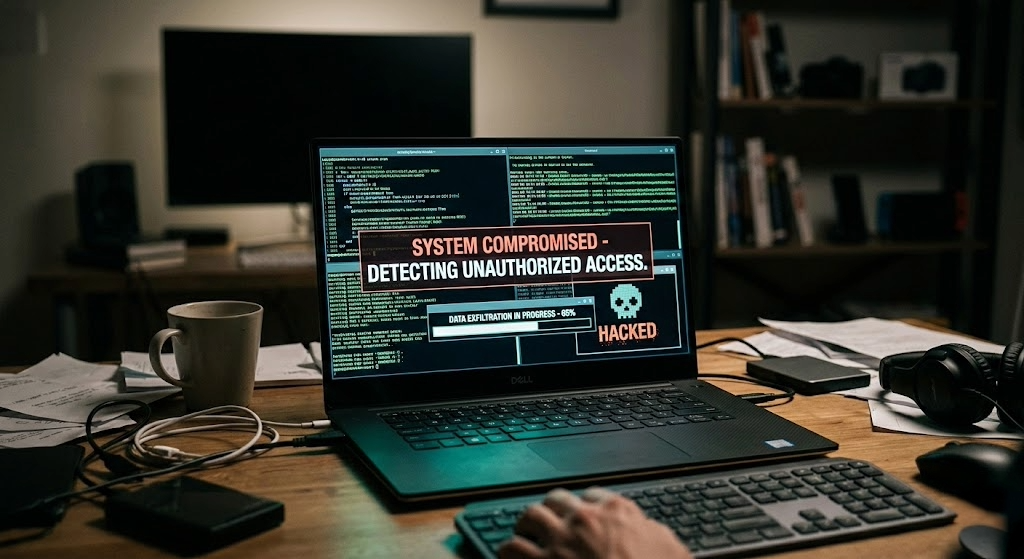A laptop displaying a hacking alert message related to system compromise and unauthorized access in need of cybersecurity, surrounded by papers, a coffee mug, headphones, and a keyboard on a desk in a home office.
