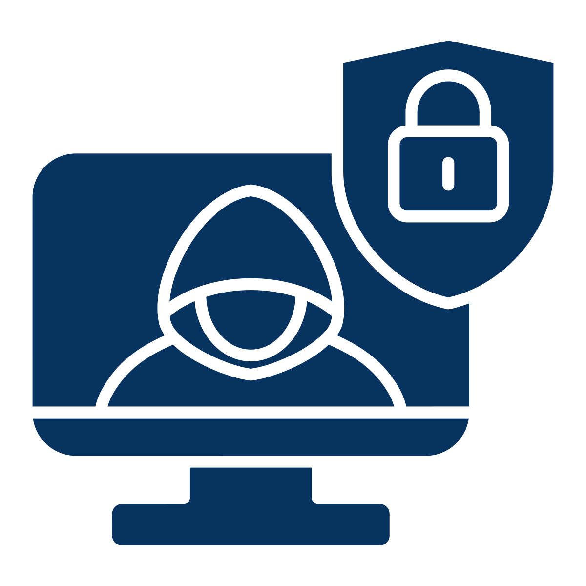 Computer monitor showing a person wearing a hoodie, with a shield icon containing a lock symbol indicating cybersecurity or privacy protection.
