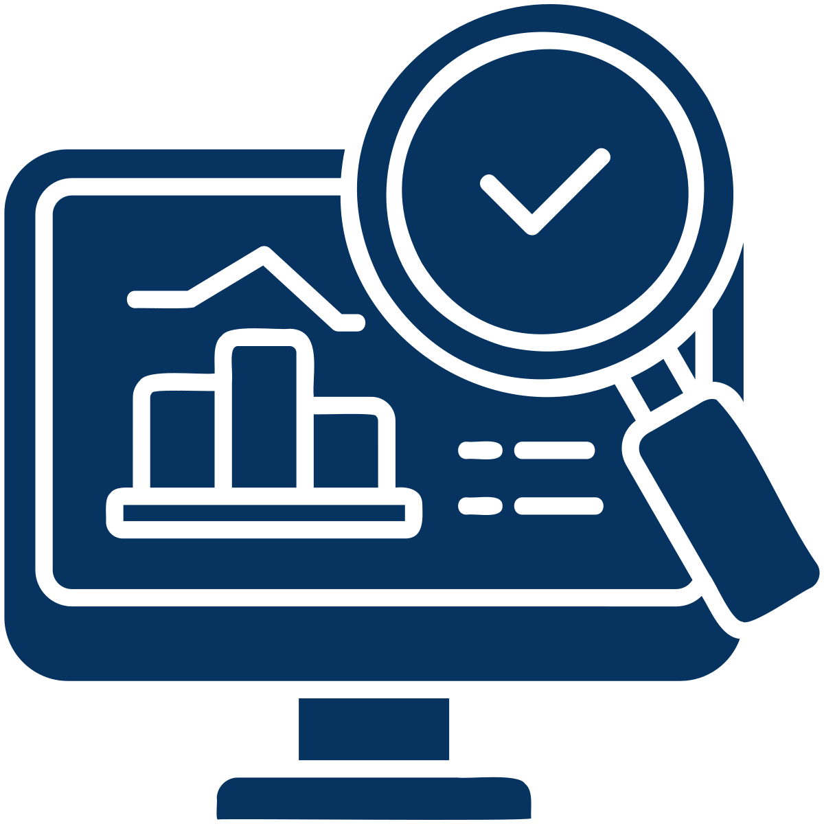 A computer monitor displaying a bar chart with a line graph, a magnifying glass with a checkmark inspecting the chart, symbolizing data analysis or monitoring.