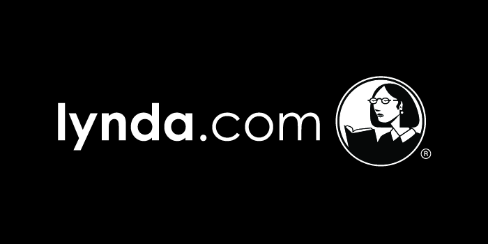 Lynda.com logo with black background, white text, and a circular illustration of a woman wearing glasses and a headset.