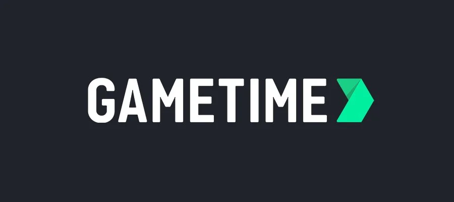 The logo for 'GAMETIME' with bold white text and a green arrow pointing right on a dark background.