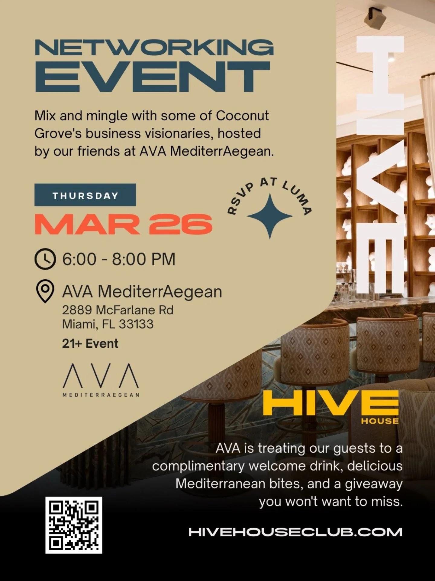 Complimentary welcome drink. Incredible Mediterranean bites. Dinner for two up for grabs. And a room full of Coconut Grove&rsquo;s most ambitious founders, professionals, and community leaders. 🥂

HIVE House is hosting our next networking event at @