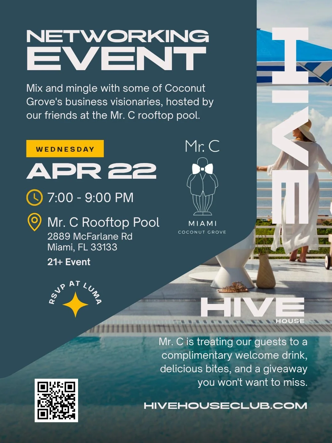 Join us poolside at the iconic Mr. C Miami in Coconut Grove for an elevated evening of real conversation, stunning rooftop views, and the kind of connections worth making.

​Mr. C is treating our guests to a complimentary welcome drink and delicious 