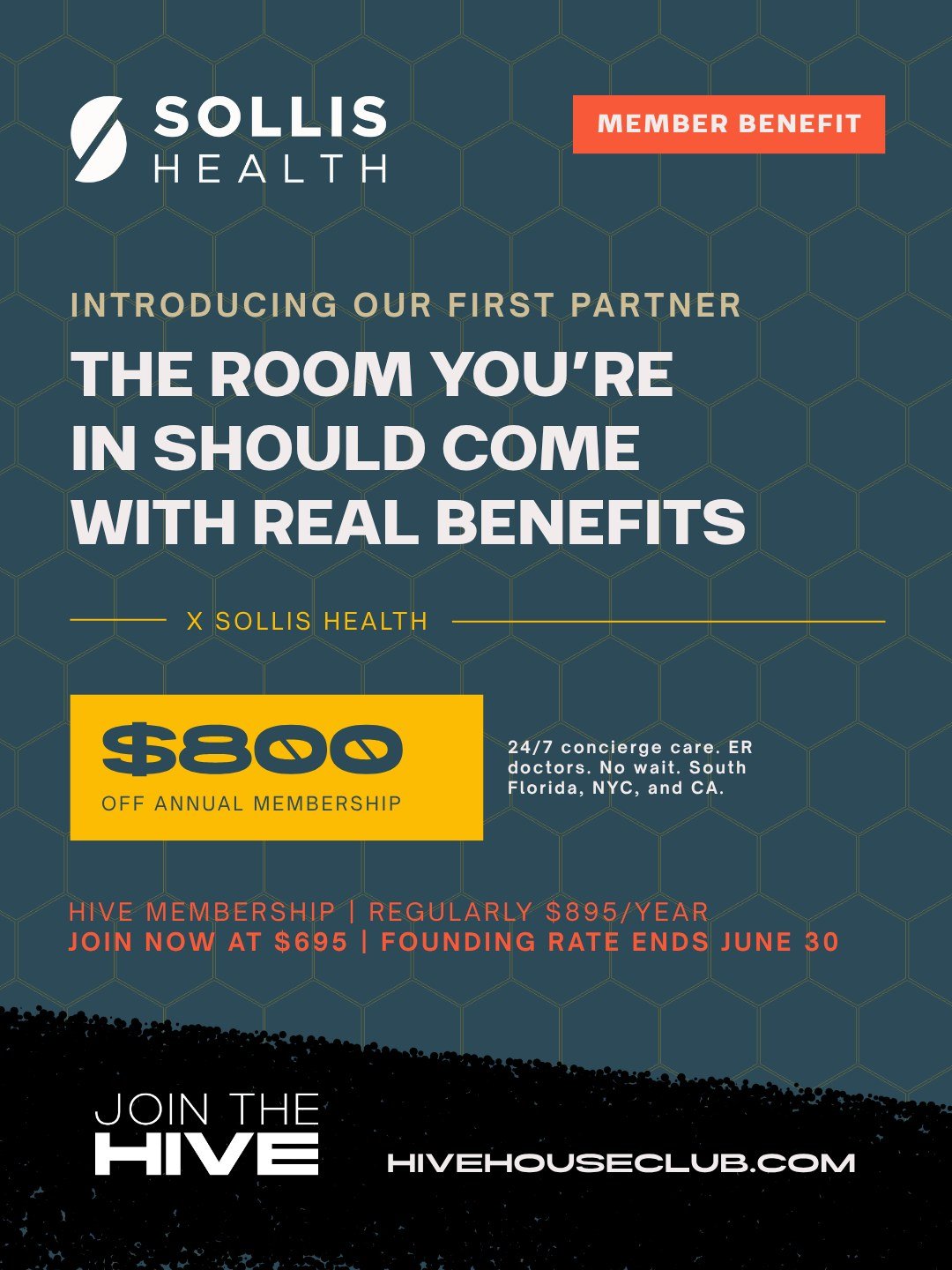 Let's put the Sollis Health benefit in perspective.

A HIVE Founding Membership is $695/year. The Sollis Health benefit alone is $800 OFF their annual membership.

That's one benefit. From one partner. That already exceeds your entire membership cost