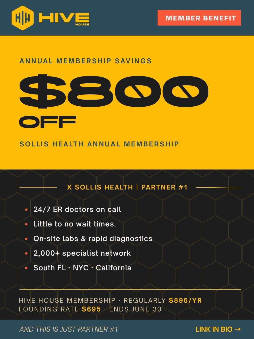 Let's put the @sollishealth benefit in perspective.

A HIVE House Founding Membership is $695/year. The Sollis Health benefit alone is $800 OFF their annual membership.

That's one benefit. From one partner. That already exceeds your entire membershi