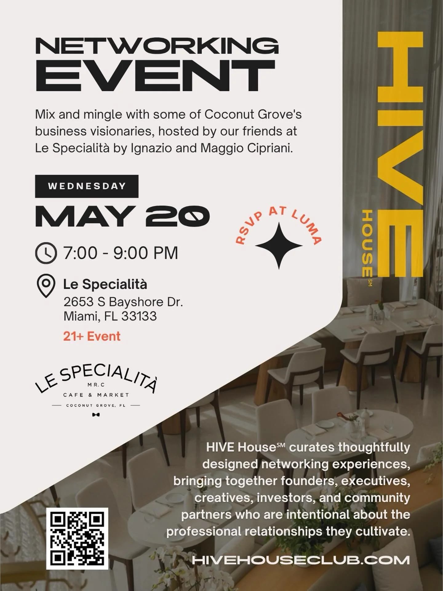Your Wednesday just got an upgrade. 🖤

Join us May 20th for a night of networking, bites, drinks &amp; good energy at the stunning Le Specialit&agrave; at Mr. C &mdash; Coconut Grove.

🍹 Welcome drink included

🍽️ Food apps all night

🎟️ Raffle f