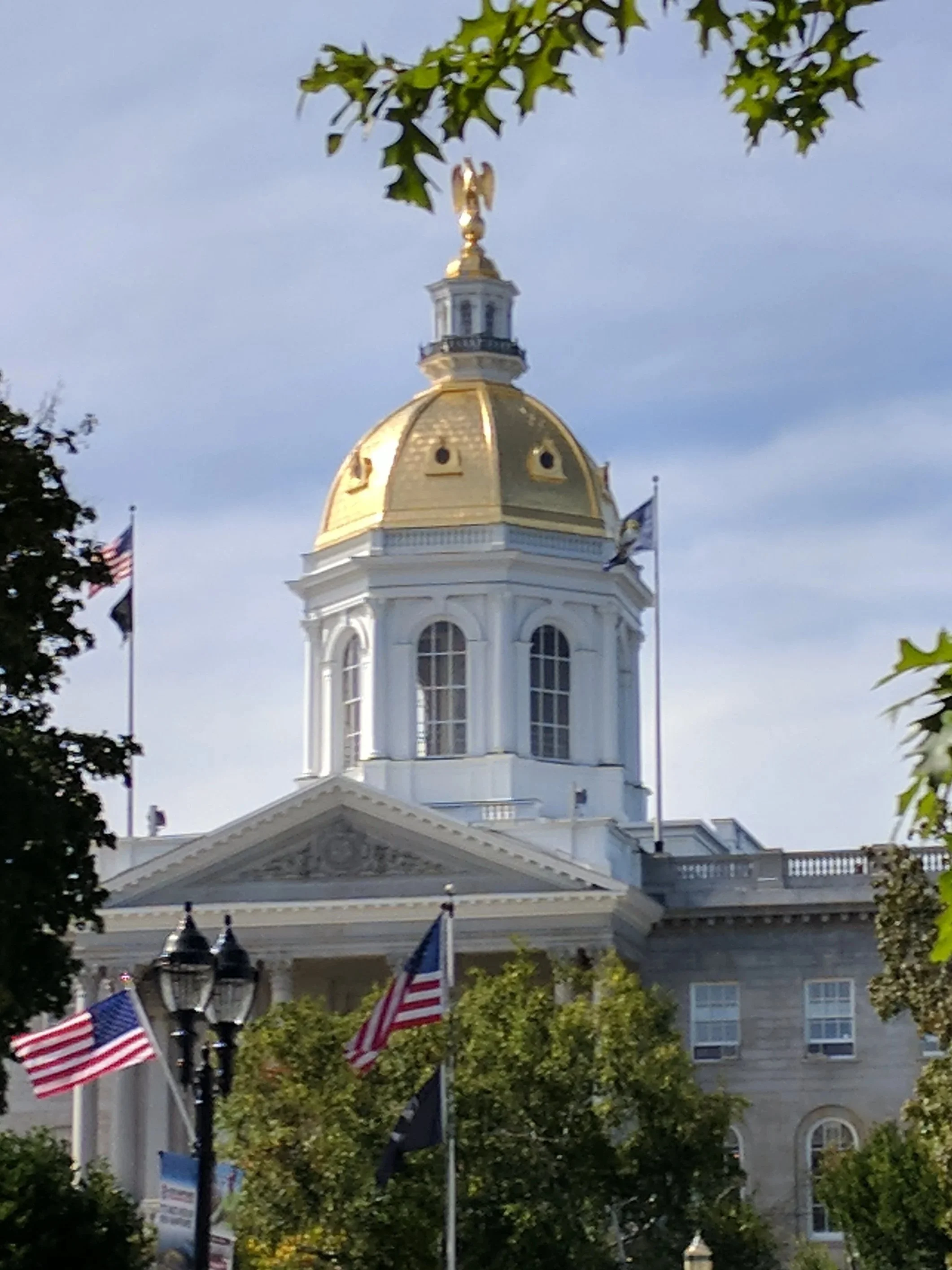 A historic government building known as the New Hampshire State House with a gold dome, surrounded by trees and American flags. The building features classical architectural elements with arched windows and decorative details.