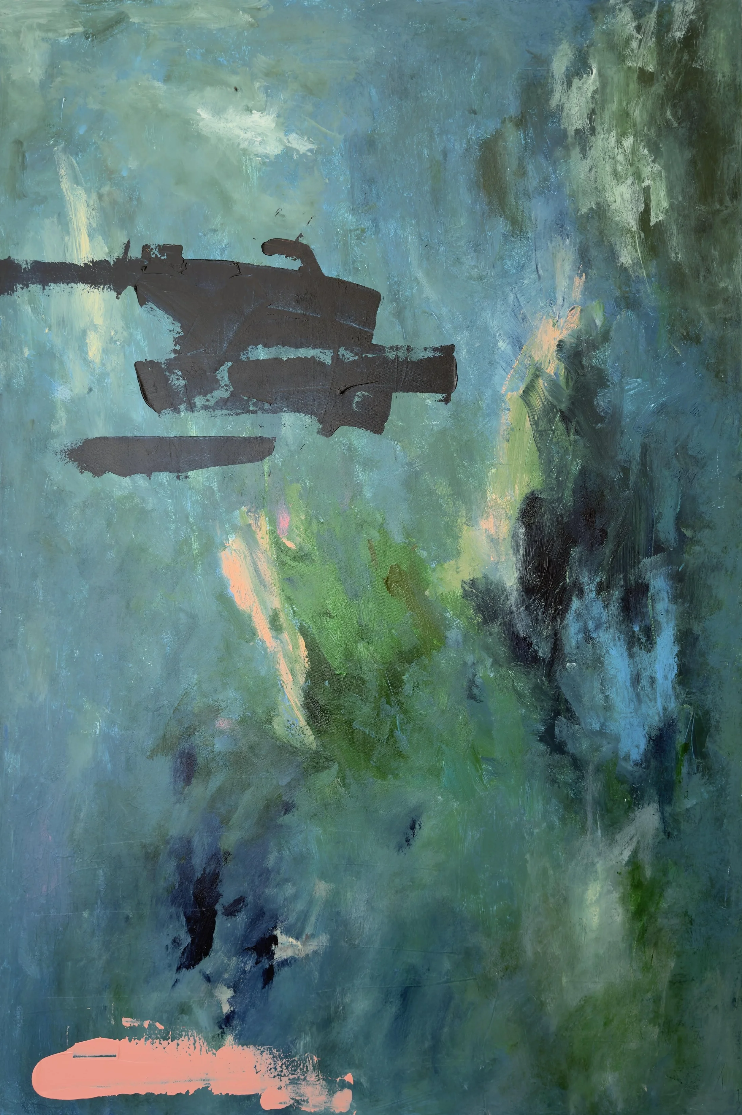 B, a 100 x 150 cm commission by Thomas Cain in deep blues and greens with dark marks and a band of coral pink