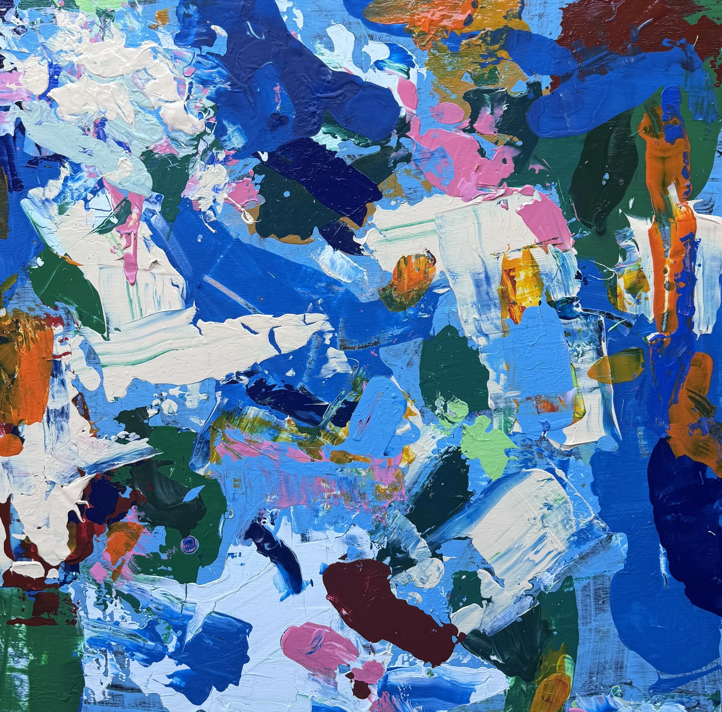 Abstract expressionist painting with bold strokes of blue, white, pink, green, orange, and black paint.