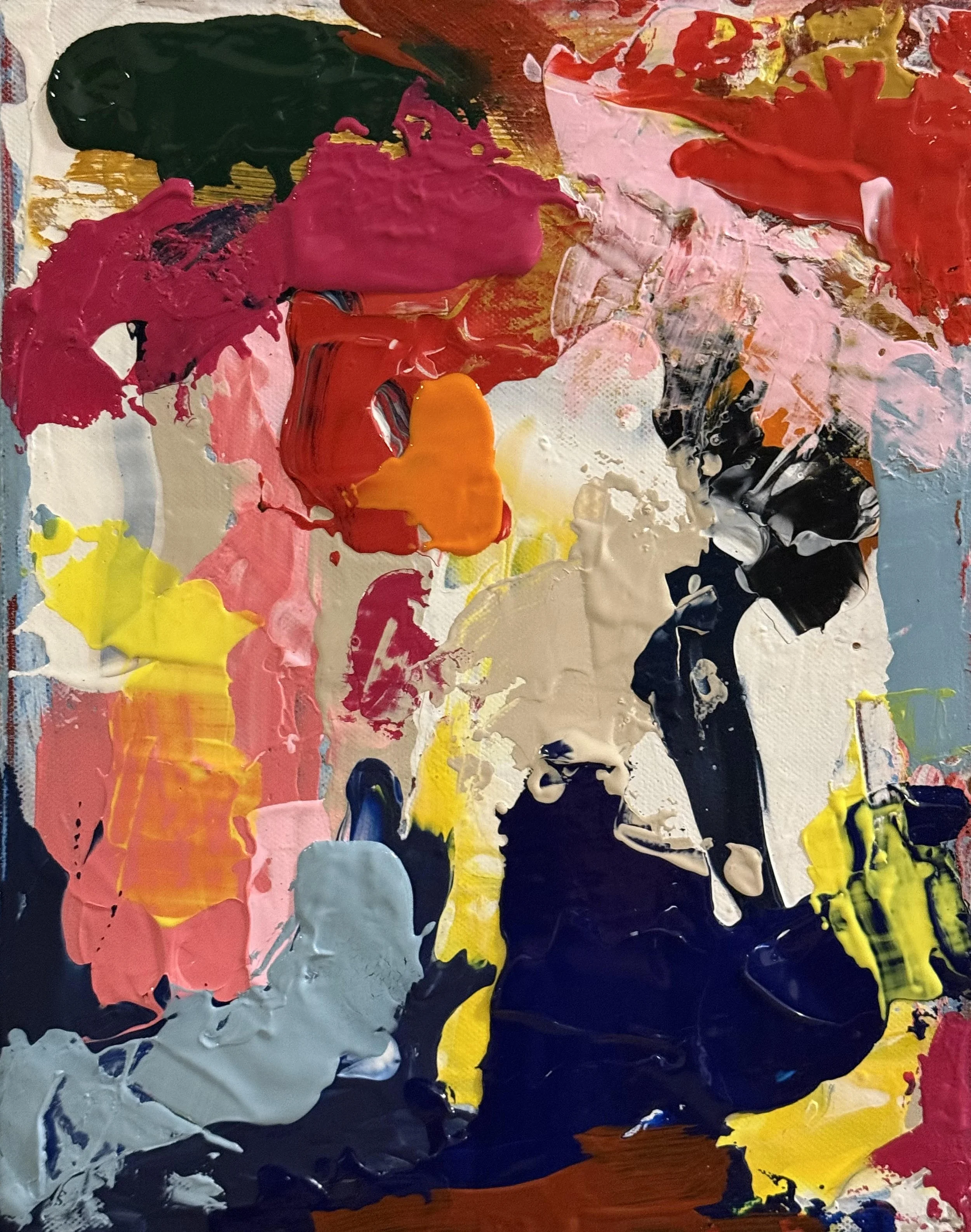 Abstract painting with bold strokes of pink, red, yellow, black, blue, and white paint on canvas.