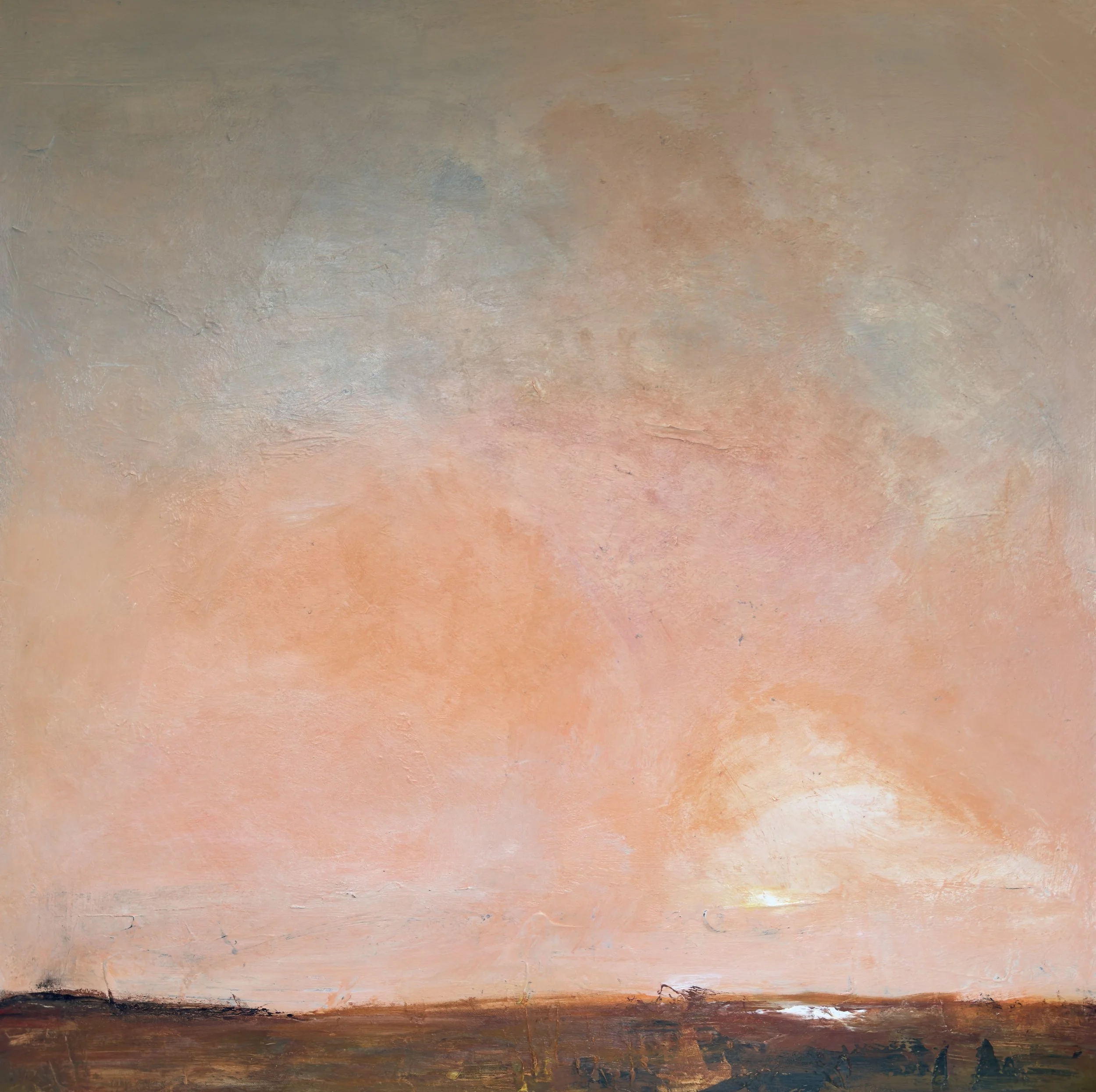 M, a 100 x 100 cm commission by Thomas Cain, a soft peach sky over a dark brown horizon