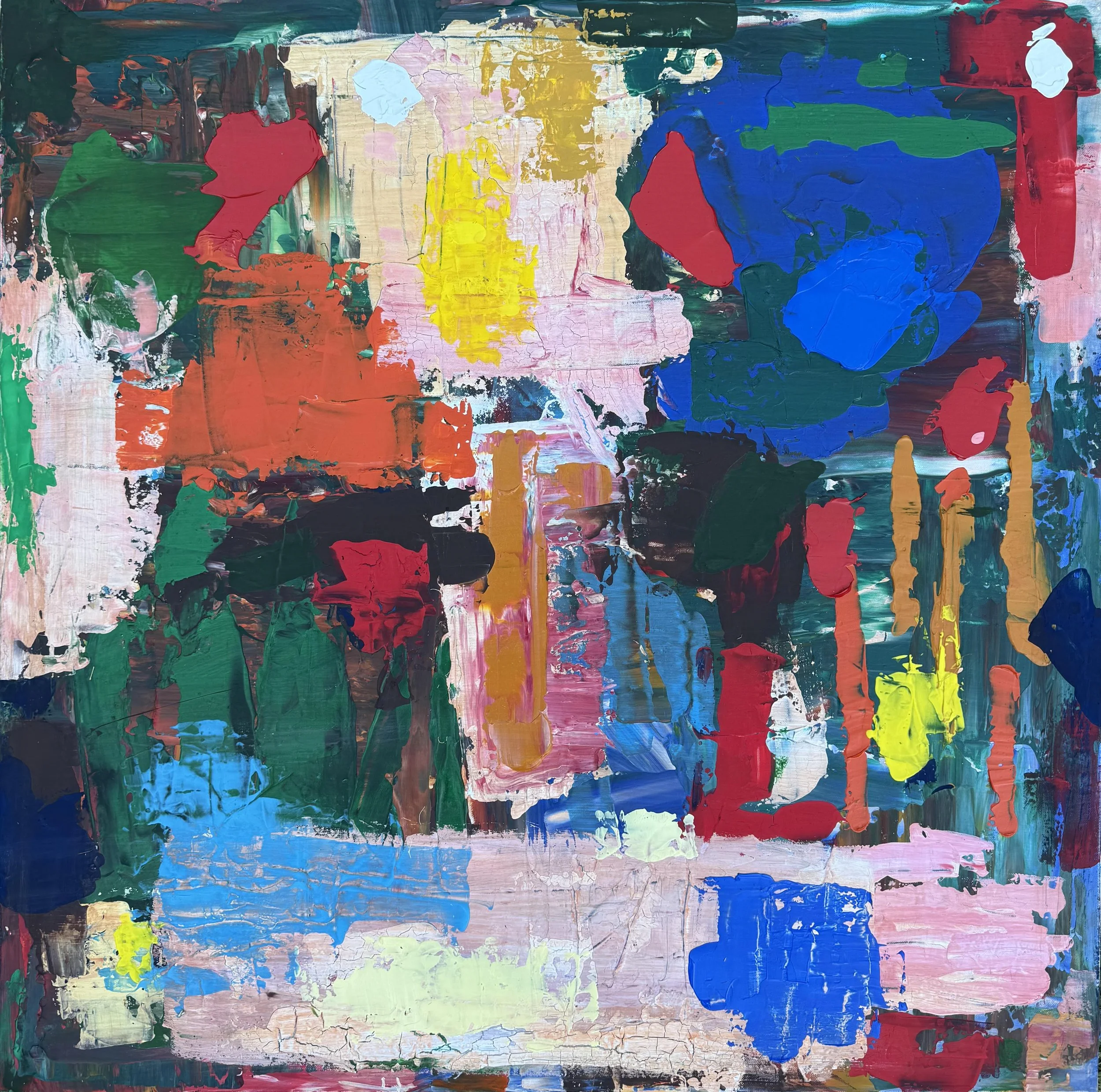 Abstract colorful painting with bold strokes of red, blue, green, yellow, pink, black, and white in a chaotic composition.