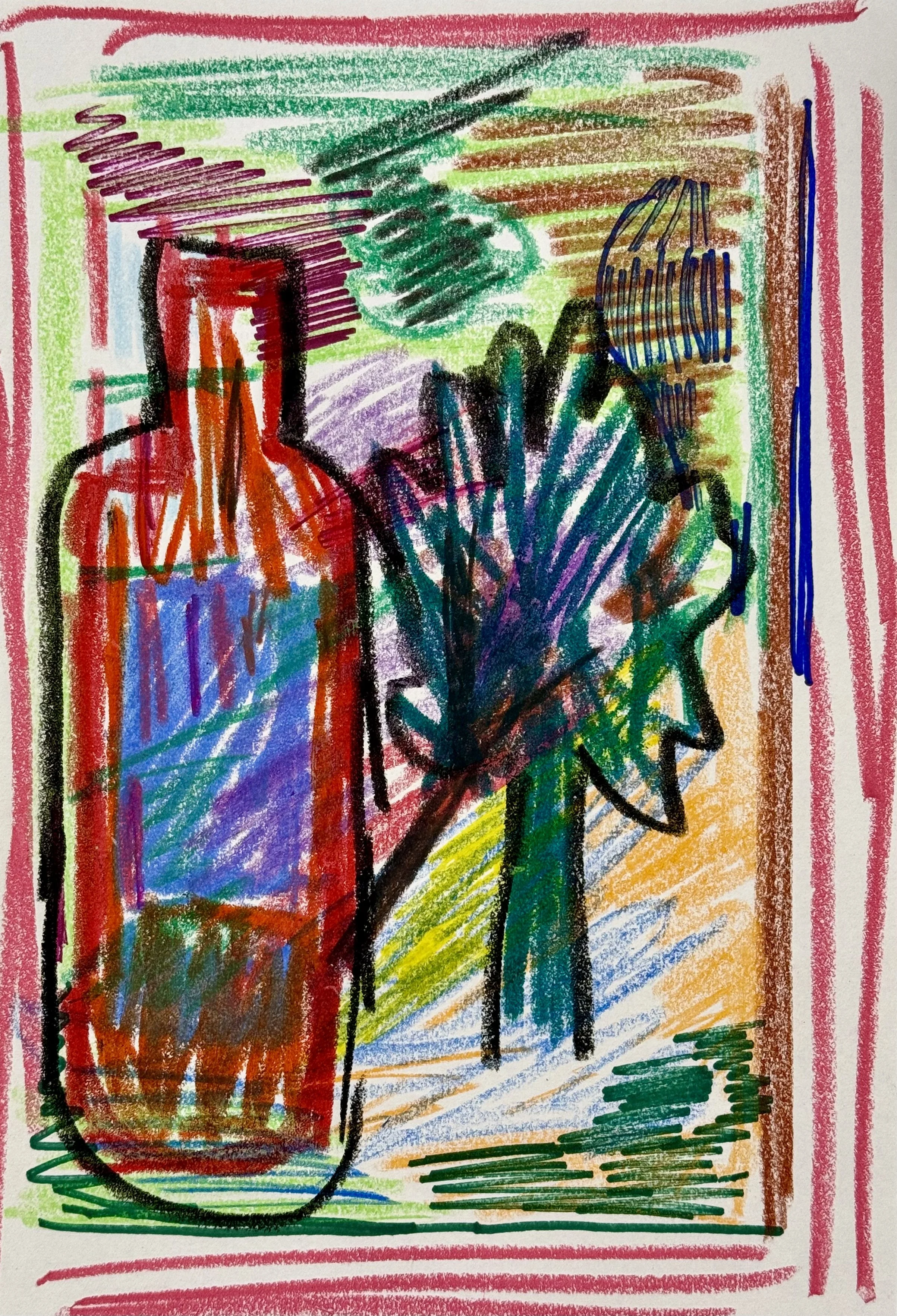 A bold crayon drawing of a red bottle and a spiky green plant, one of the early crayon pictures Thomas Cain drew with his kids
