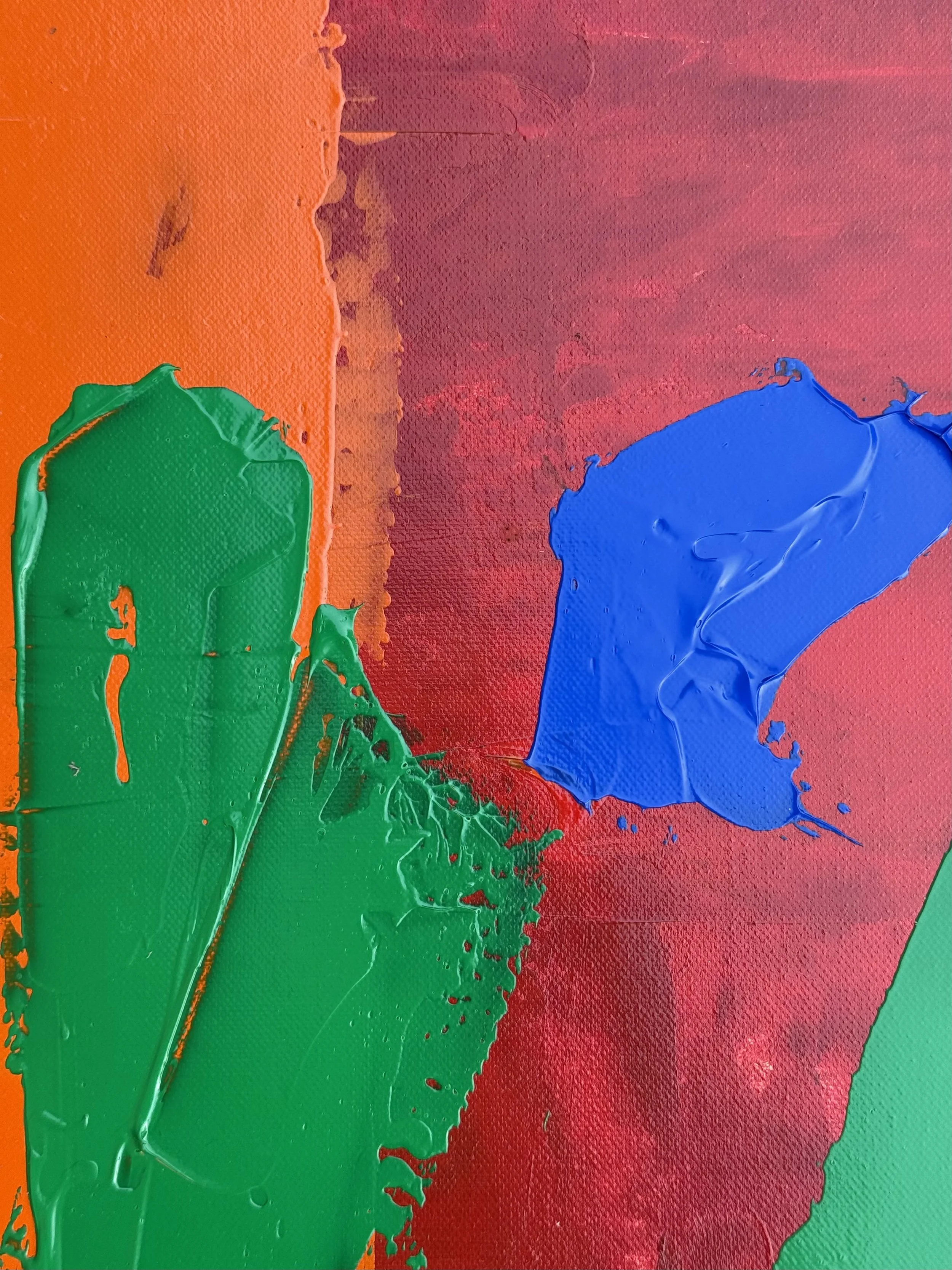 Close-up of Salvia by Thomas Cain: thick palette-knife green, red, orange and bright blue shapes