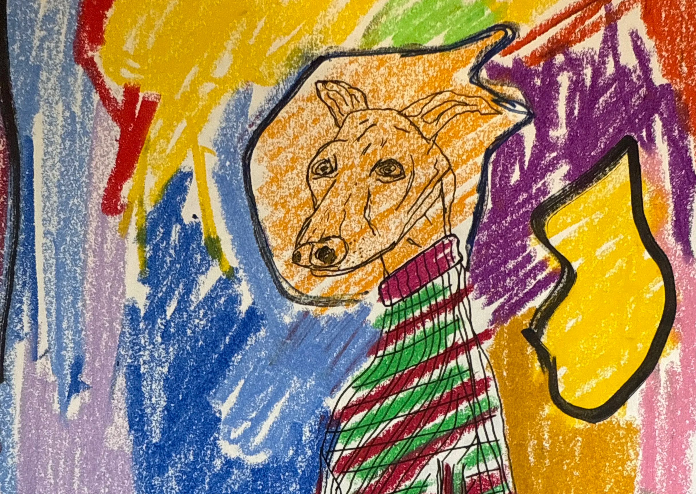 A colourful crayon drawing of a dog in a striped jumper, one of the early crayon pictures Thomas Cain drew with his kids