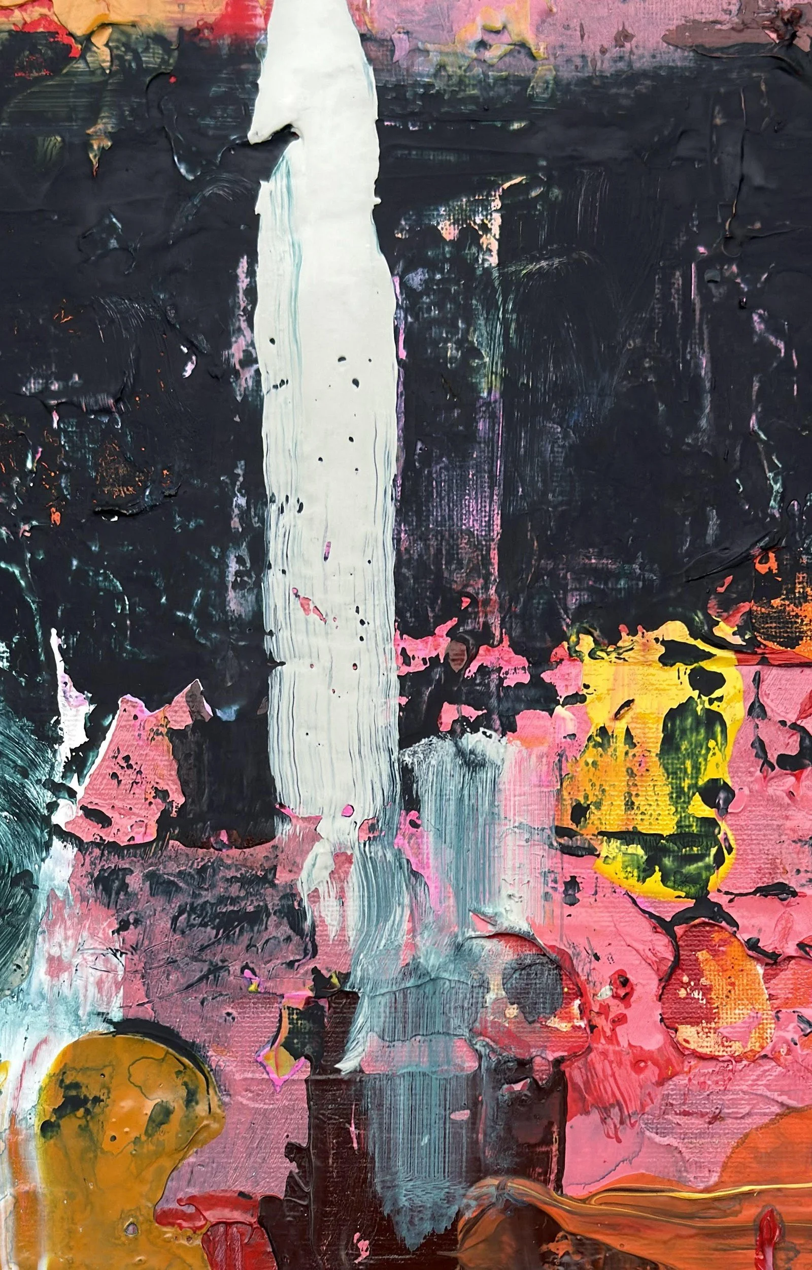 Close-up of Big feelings by Thomas Cain: a thick white palette-knife stroke over black, pink, red and yellow layers
