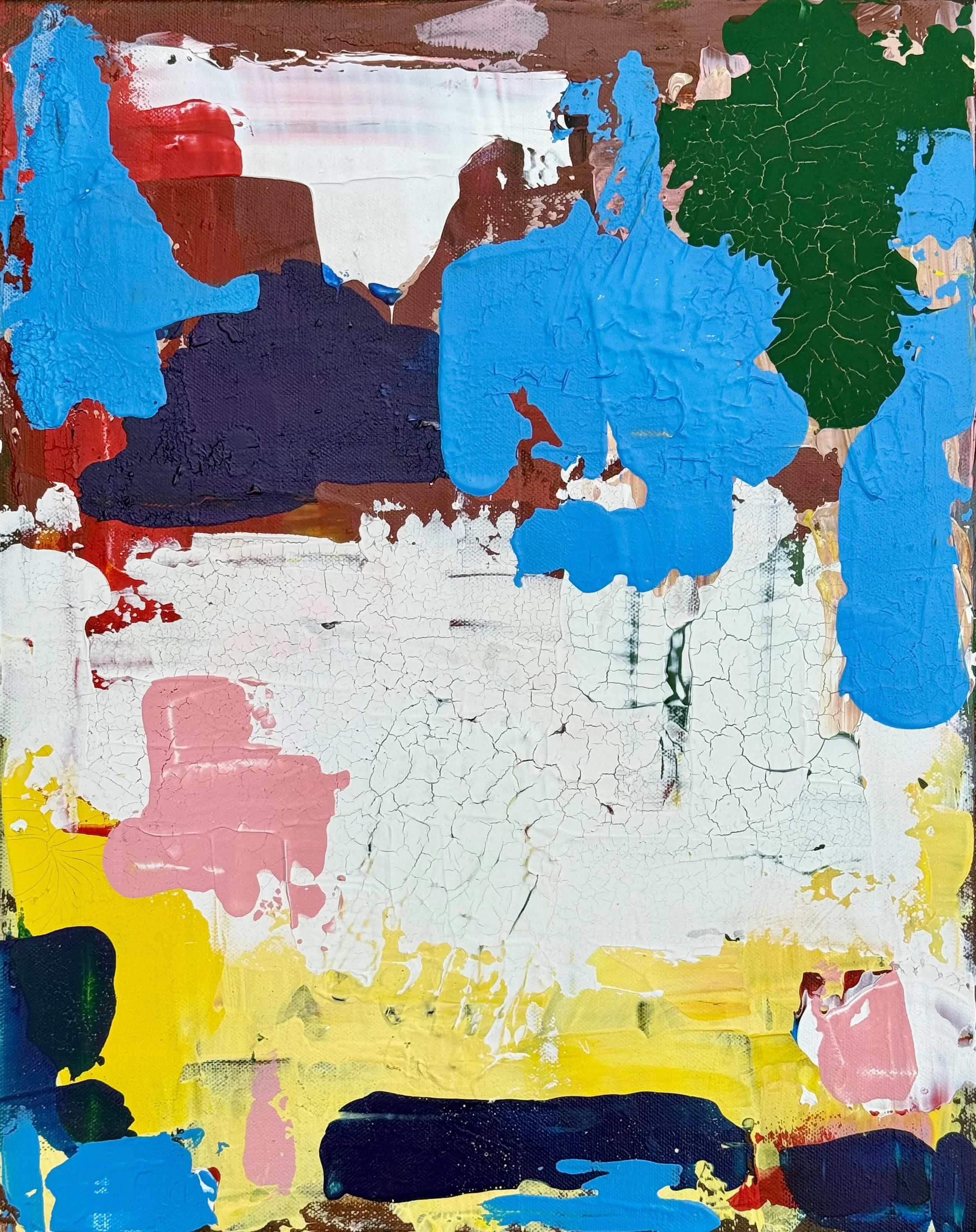 Abstract painting featuring large patches of blue, green, pink, yellow, brown, black, and white paint applied in thick strokes with visible crackle texture.