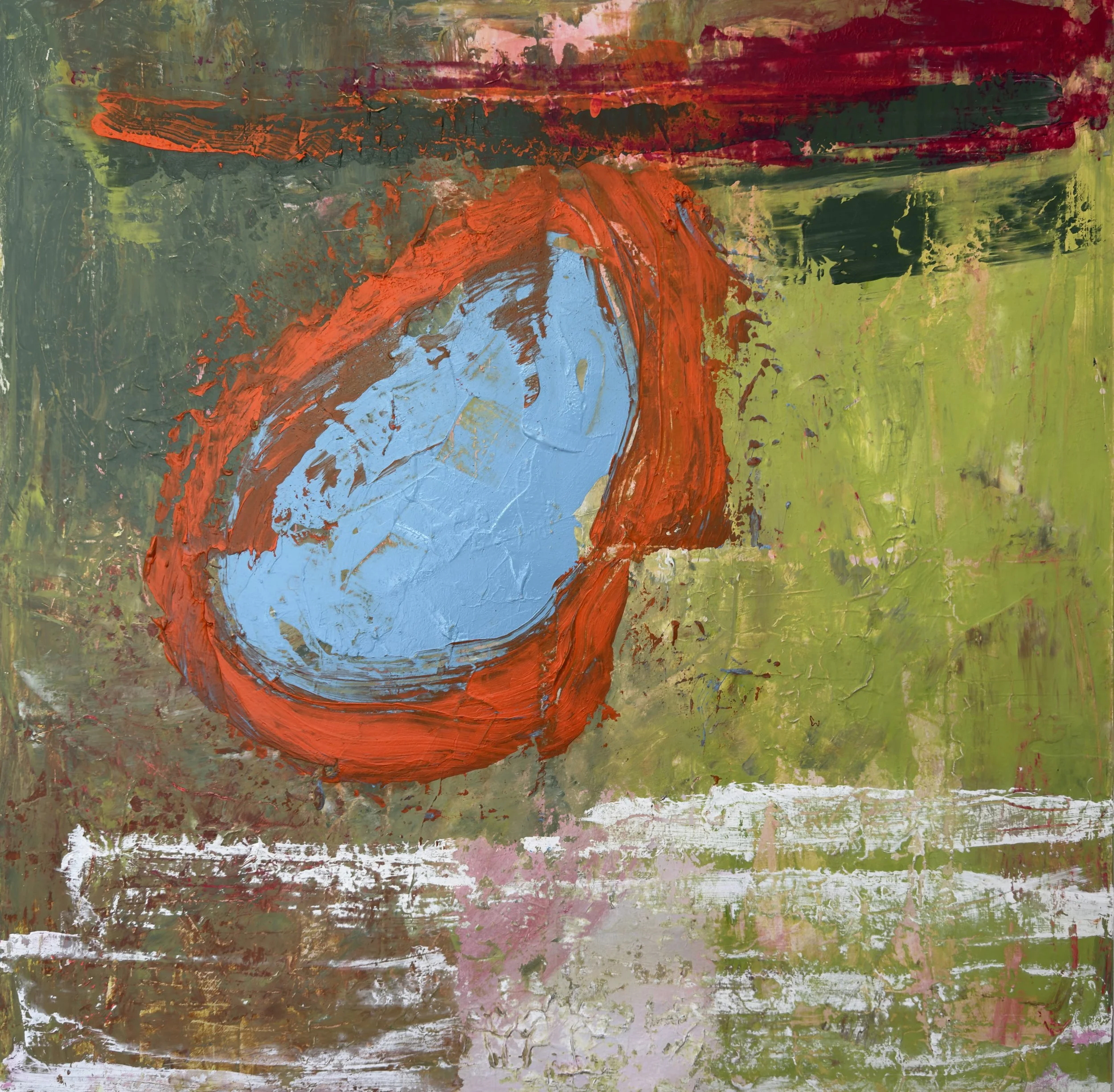 Gumnut 2.0 by Thomas Cain, a thick orange ring around pale blue on a scraped green ground, acrylic on canvas, 90 x 90 cm