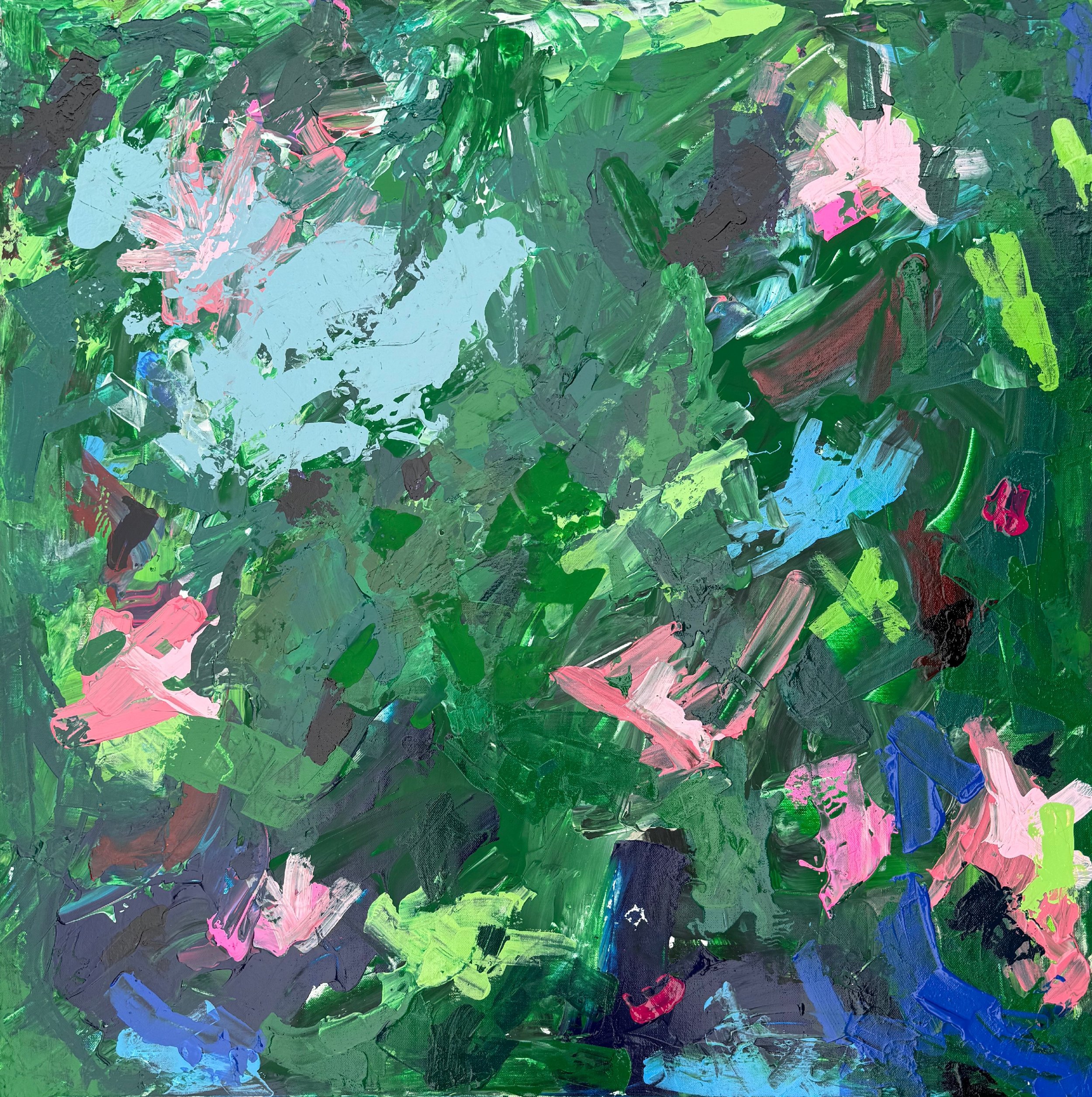 Back Corner by Thomas Cain, dense abstract garden painting in greens with pink, blue and lime marks