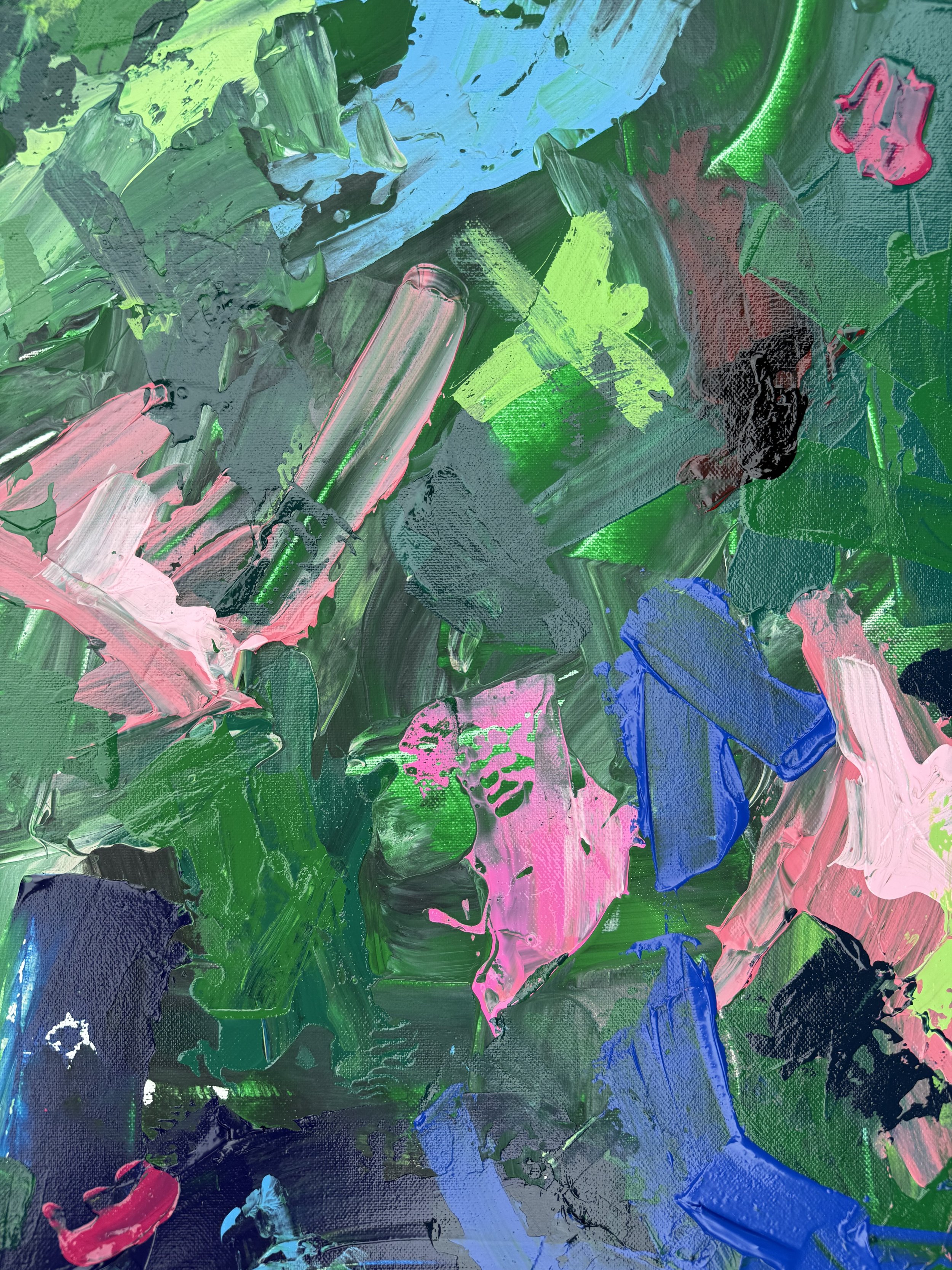 Close-up of Back Corner by Thomas Cain: dense garden greens with pink, blue and lime knife marks