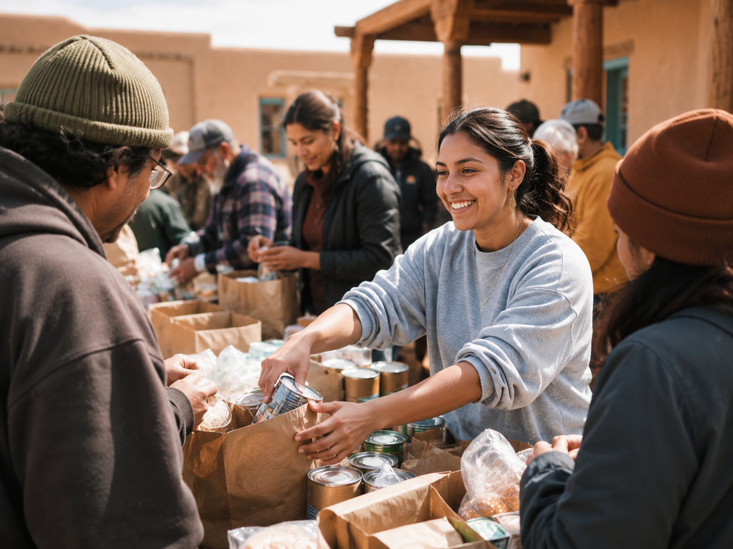 A group of people outdoors at a food drive, collecting canned goods and groceries in paper bags, with a sunny background and buildings.