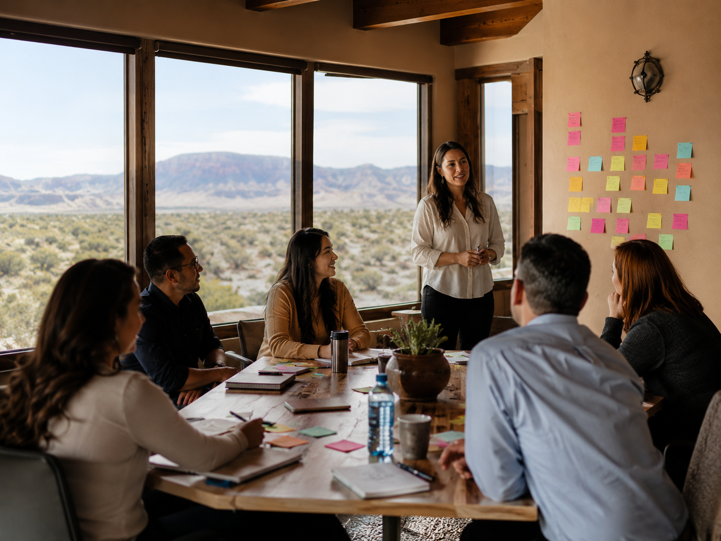 A woman standing and presenting to a group of six people at a conference table in a room with large windows showing a desert landscape and mountains. Sticky notes are on the wall behind her.