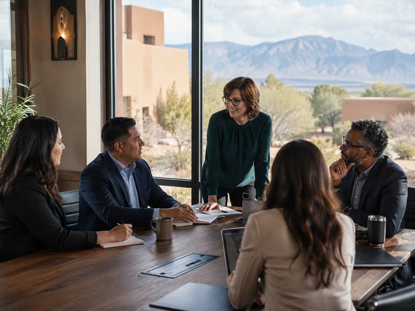 A diverse group of six people in business attire having a meeting in a conference room with large windows showing a mountainous landscape.