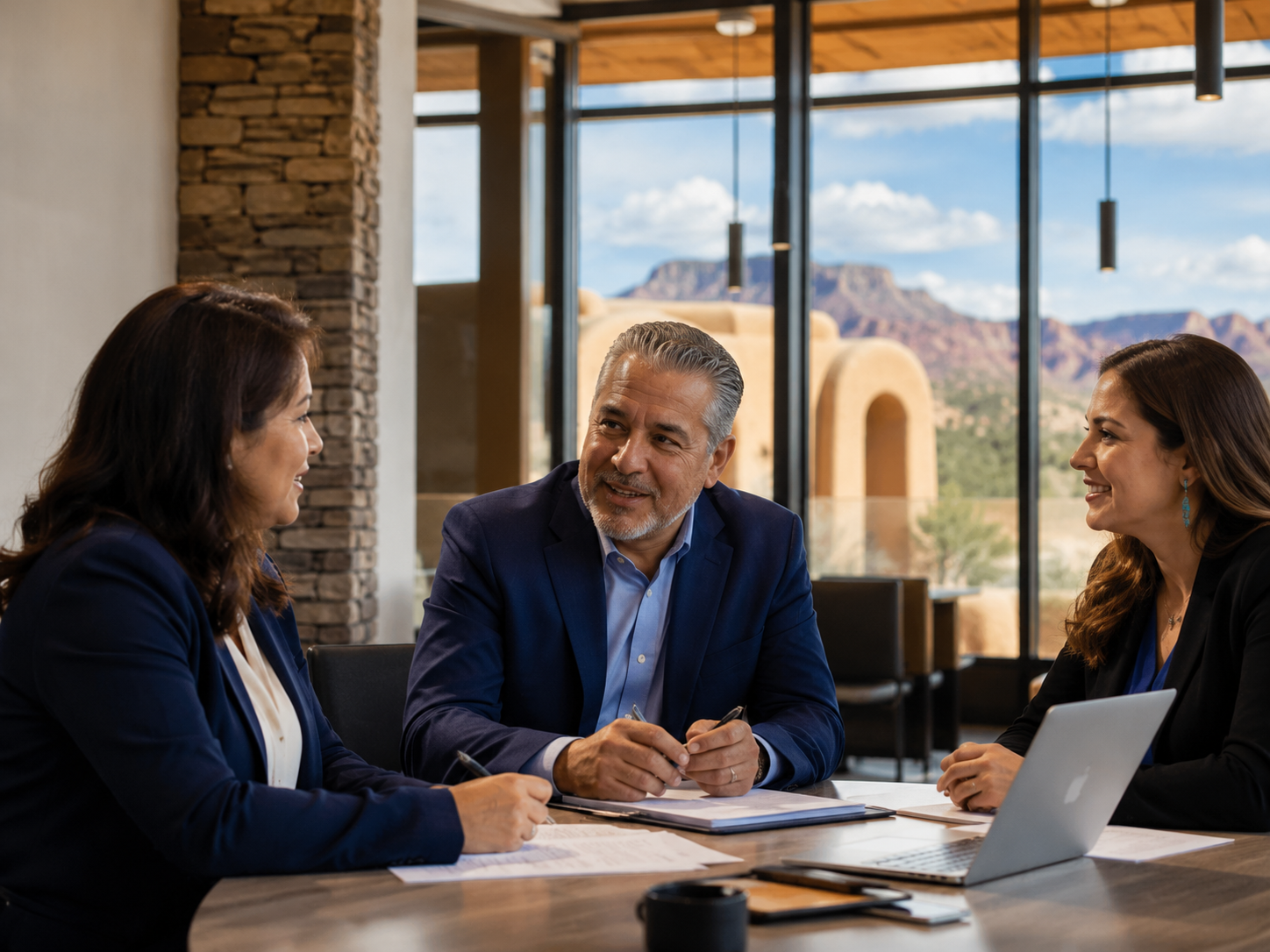 Three business professionals having a meeting in a modern office with a desert landscape view in the background.