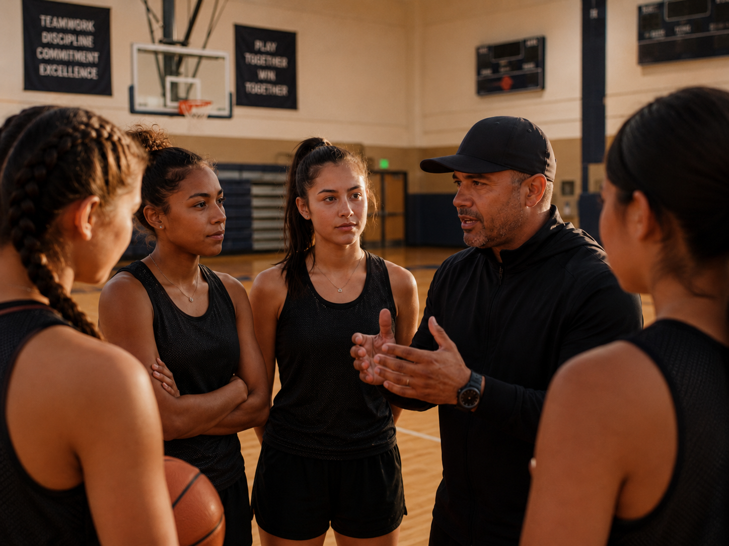 A basketball coach giving instructions to five female basketball players during a timeout in a gymnasium.