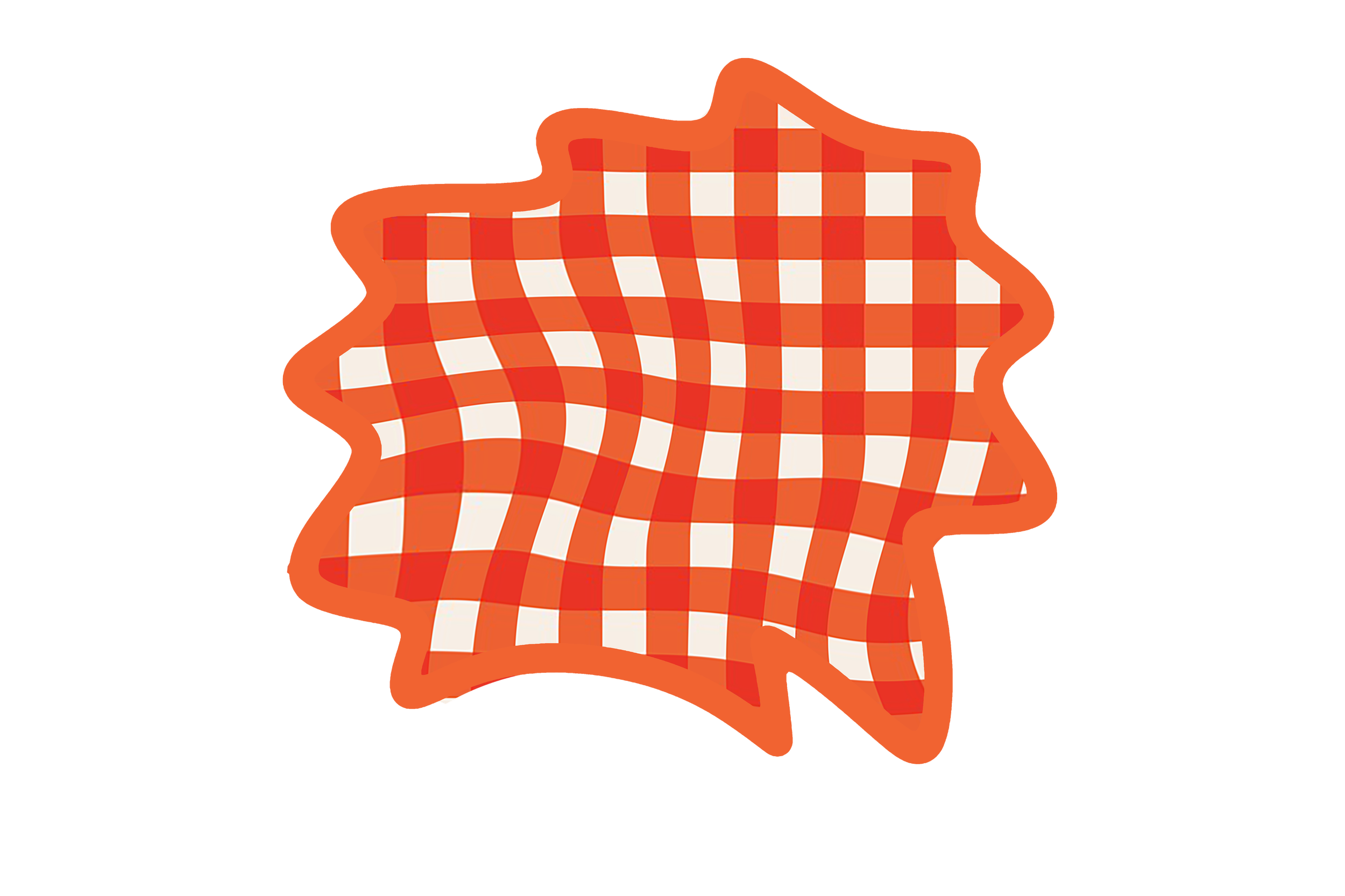 Close-up of a person wearing an orange shirt with a checkered pattern, partially visible, with stylized black text in the background.