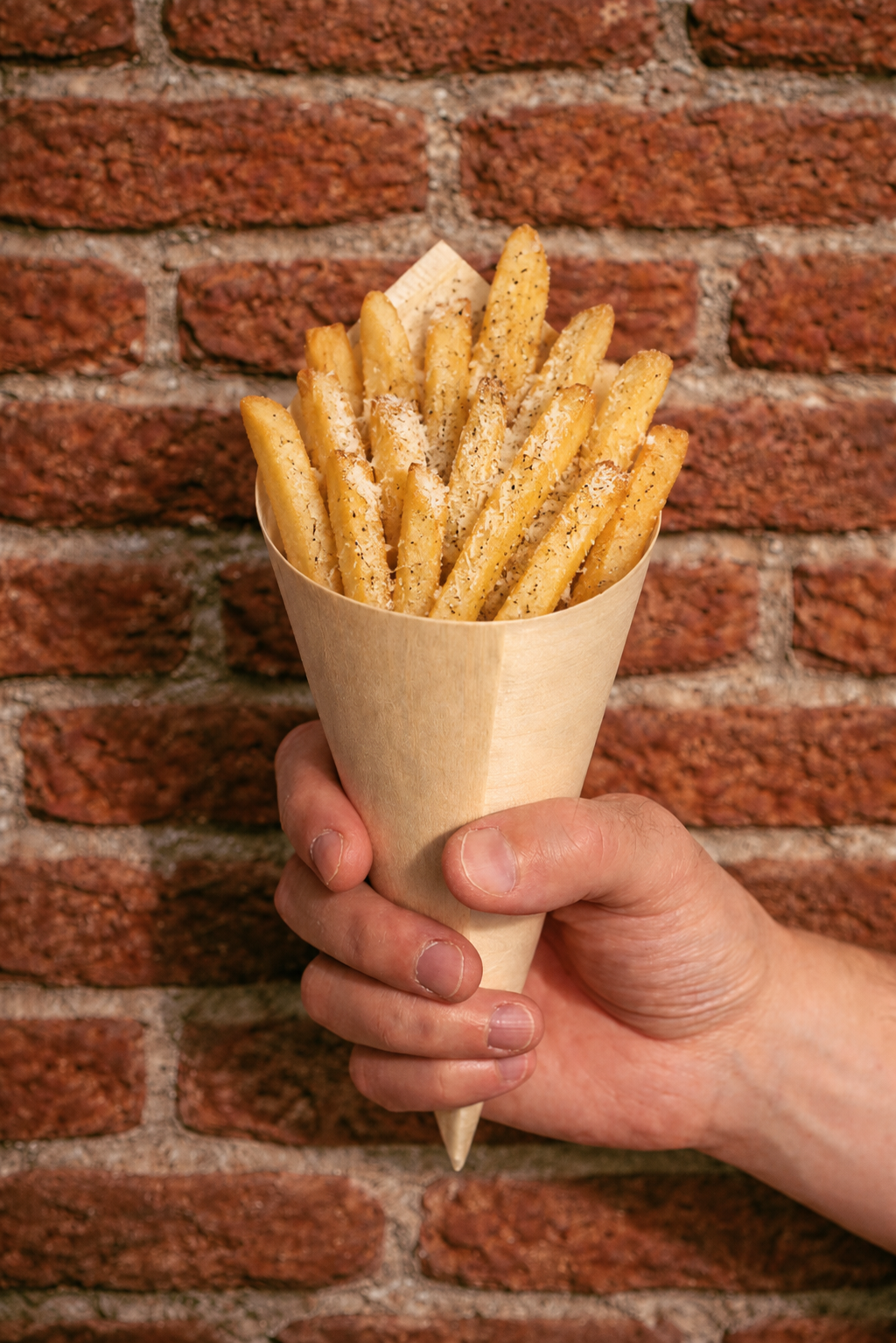 Hand holding Cacio e Pepe Fries in a paper cone