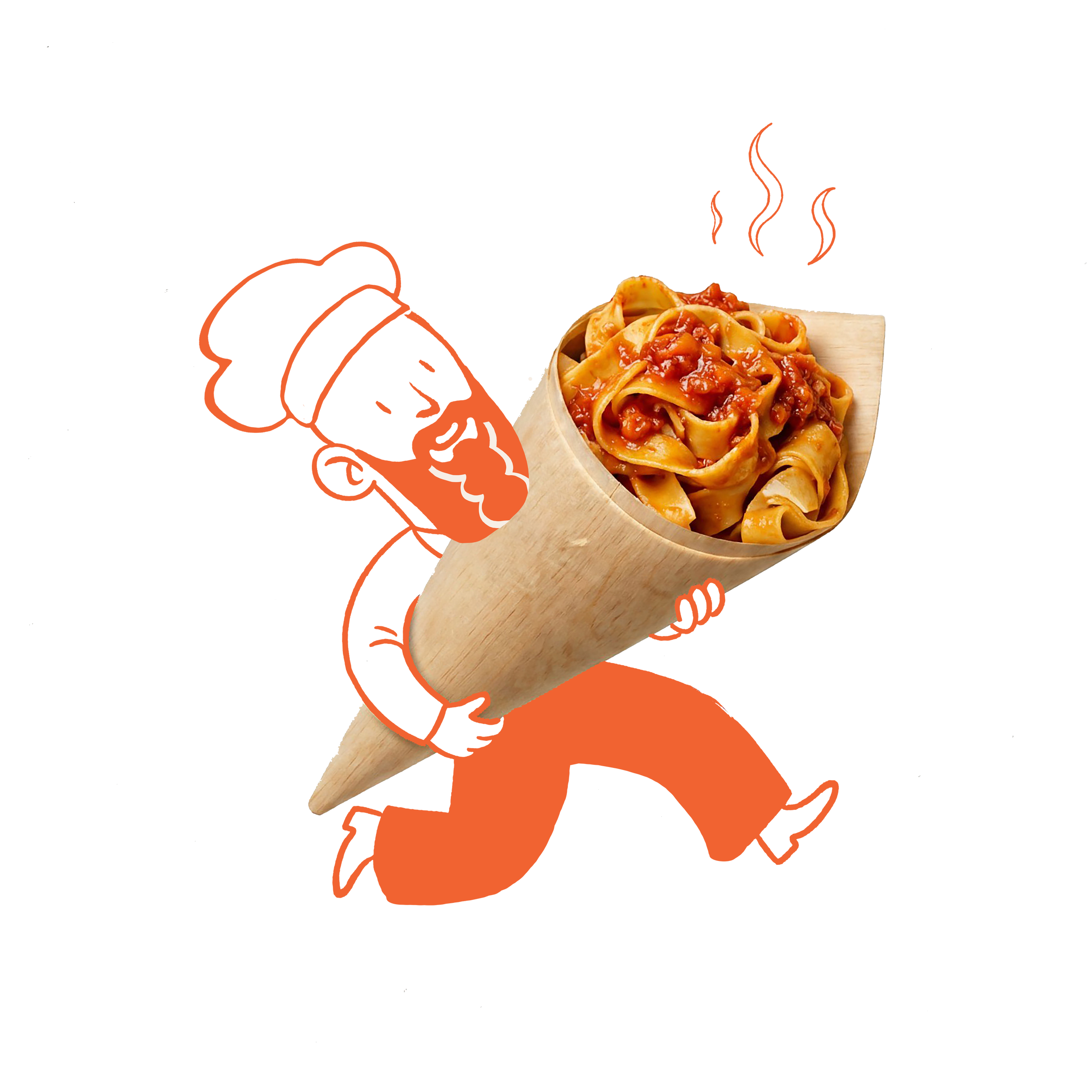 Illustration of chef Davide carrying hot pasta