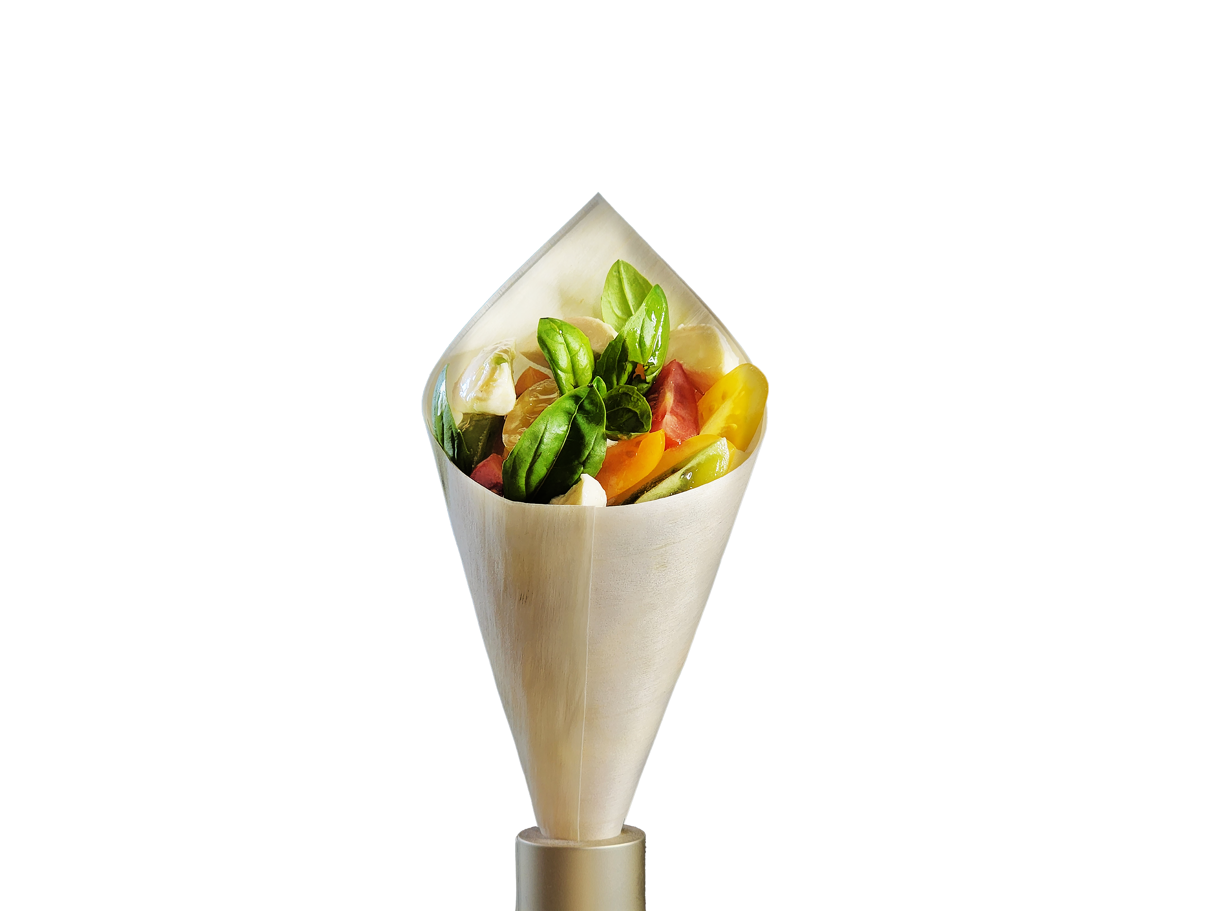 Heirloom Caprese served in a paper cone