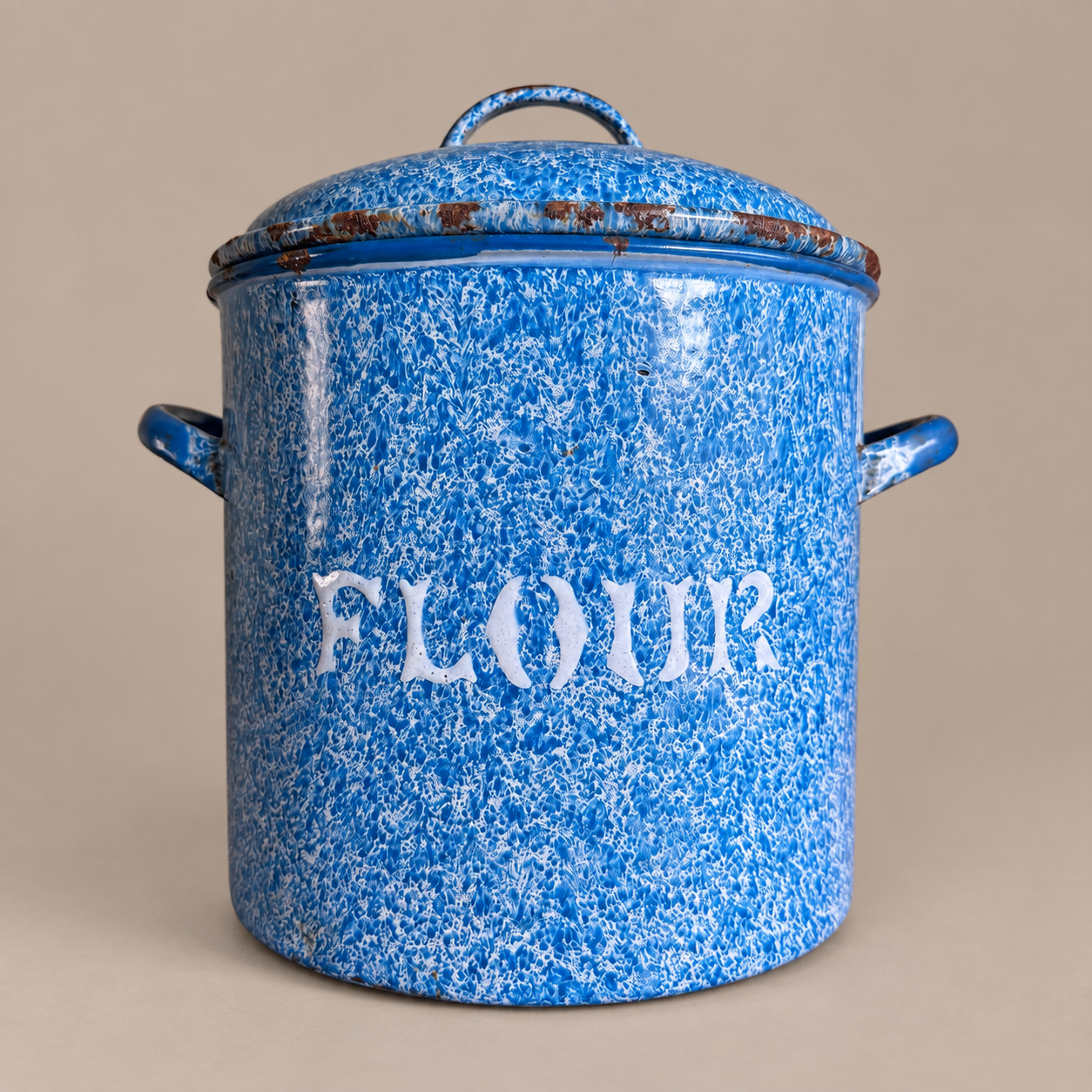 Blue &amp; White Mottled Enamel Flour Bin
