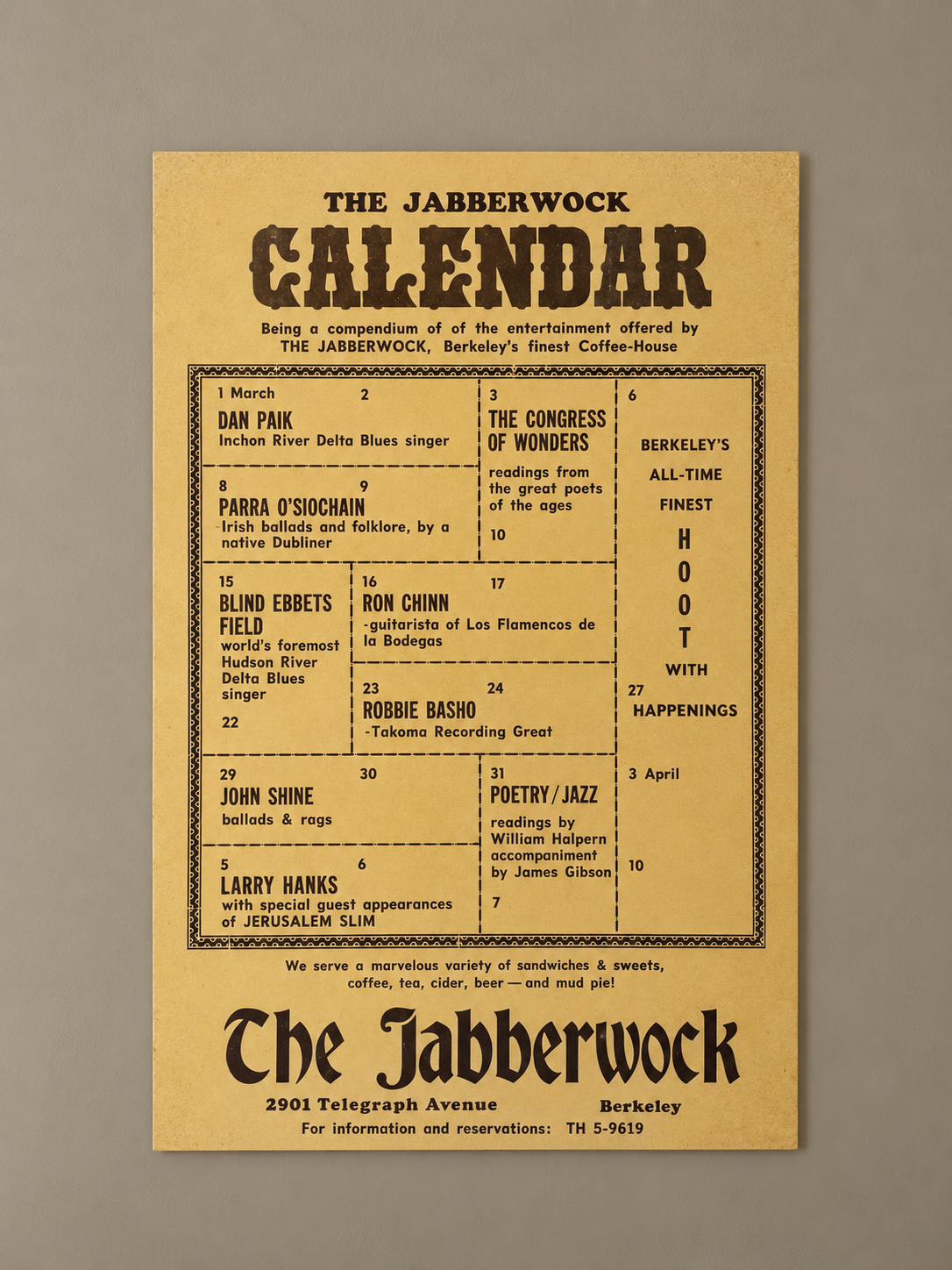 March–April Calendar Poster — The Jabberwock, Berkeley