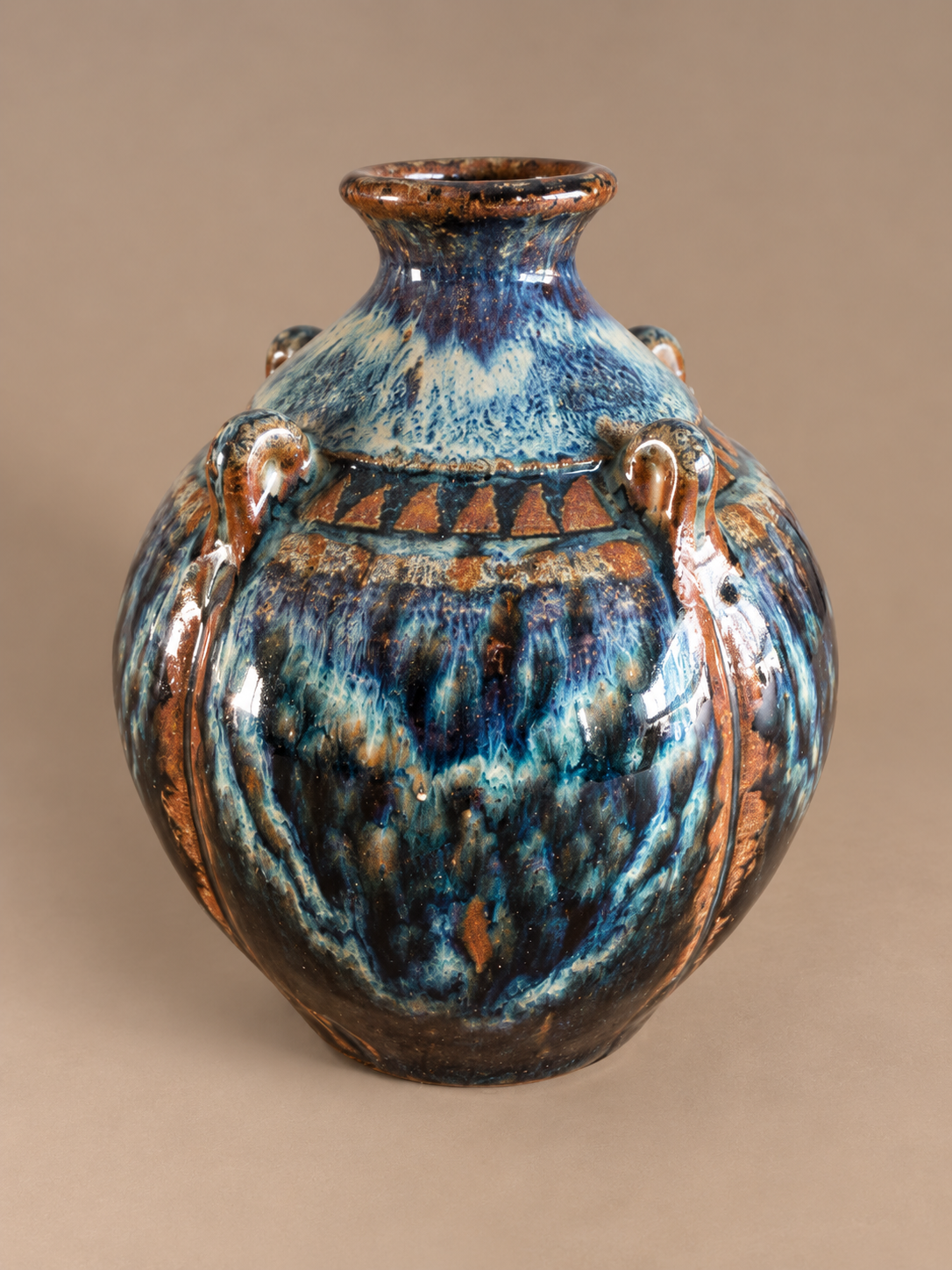 Jano Clarke Blue Glazed Vase with Decorative Loops