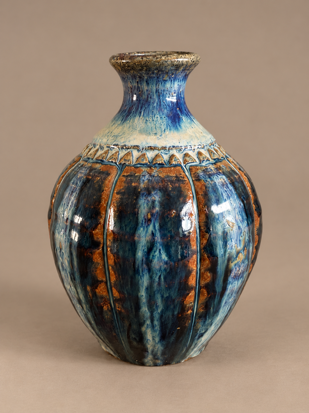 Jano Clarke Blue and Rust Ribbed Vase