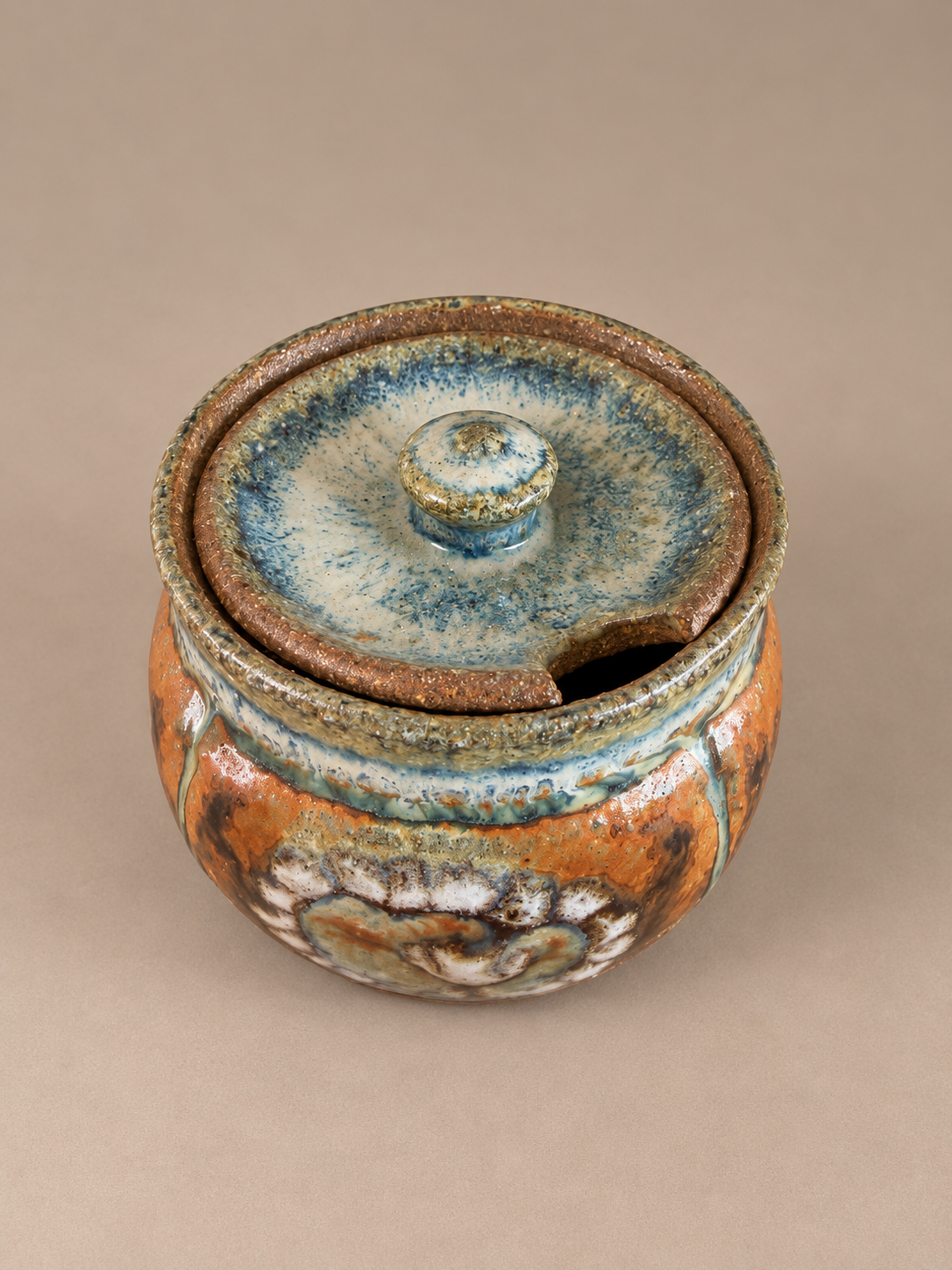 Jano Clarke Rust and Blue Lidded Sugar Pot