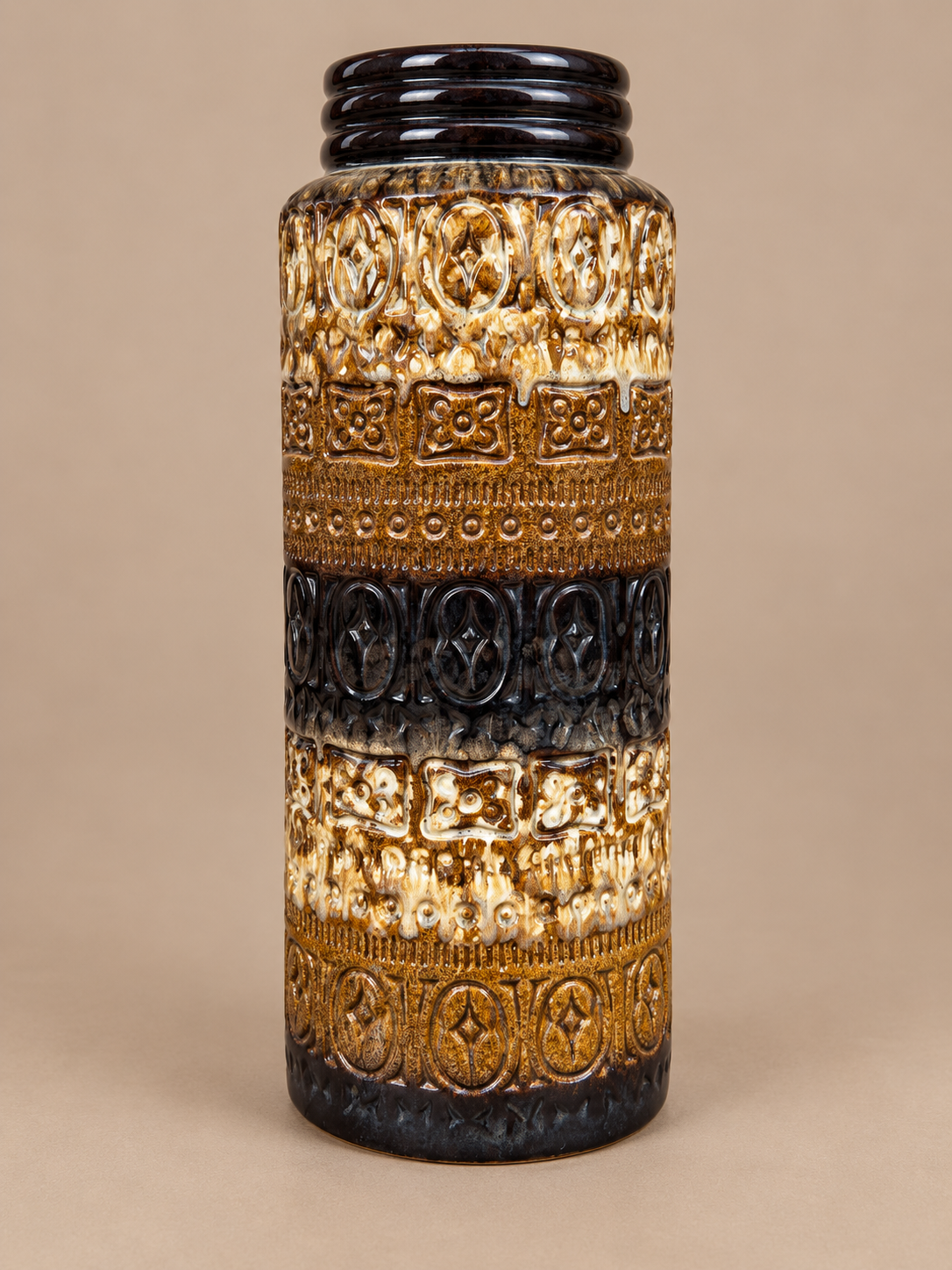 West German Vase in Cream and Chocolate Brown