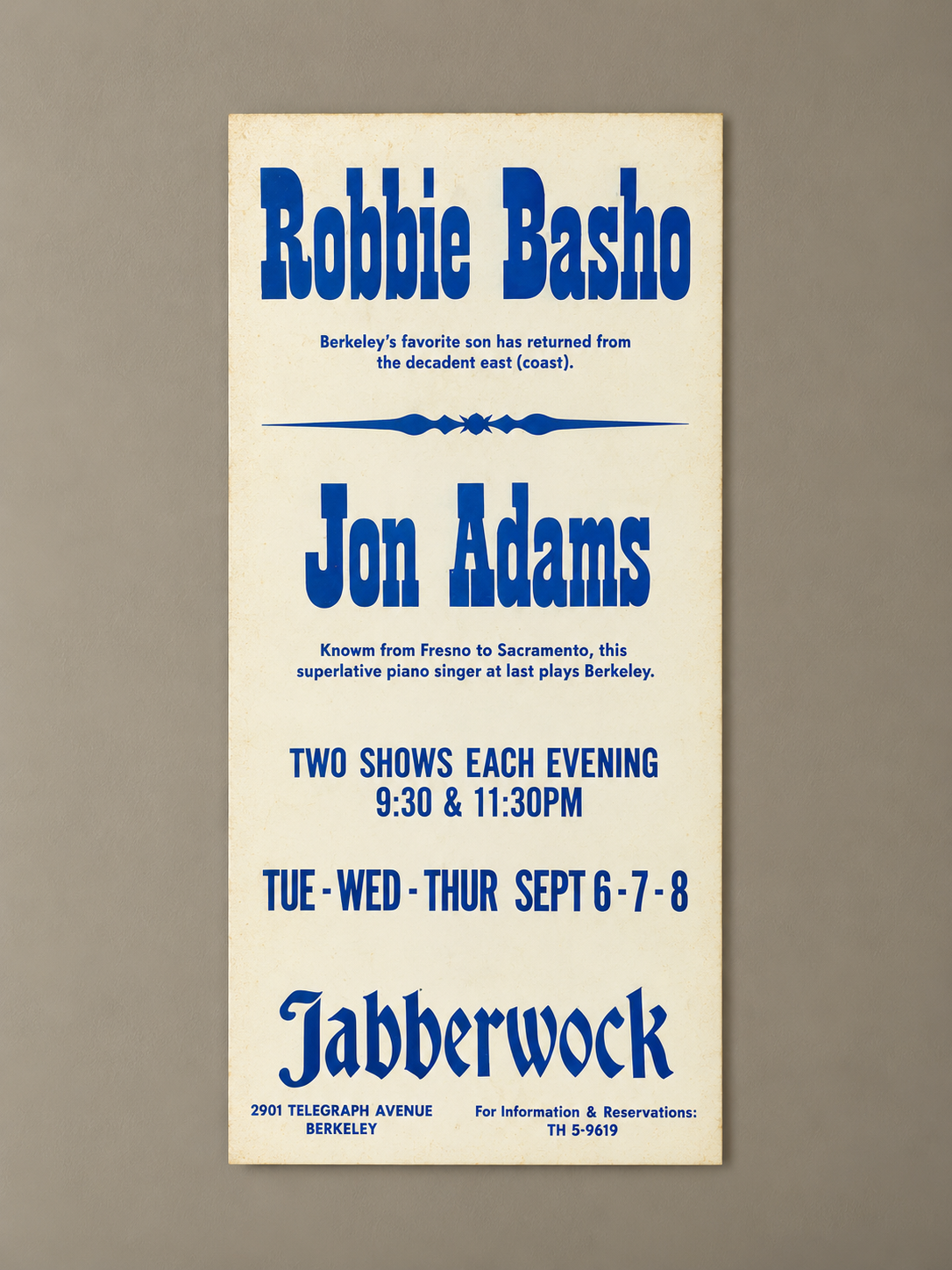 Robbie Basho &amp; Jon Adams Concert Poster — The Jabberwock, Berkeley