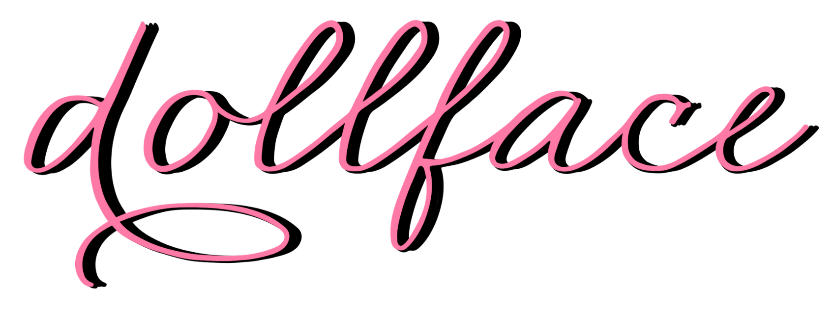 Pink neon sign spelling 'dollface' in cursive letters.