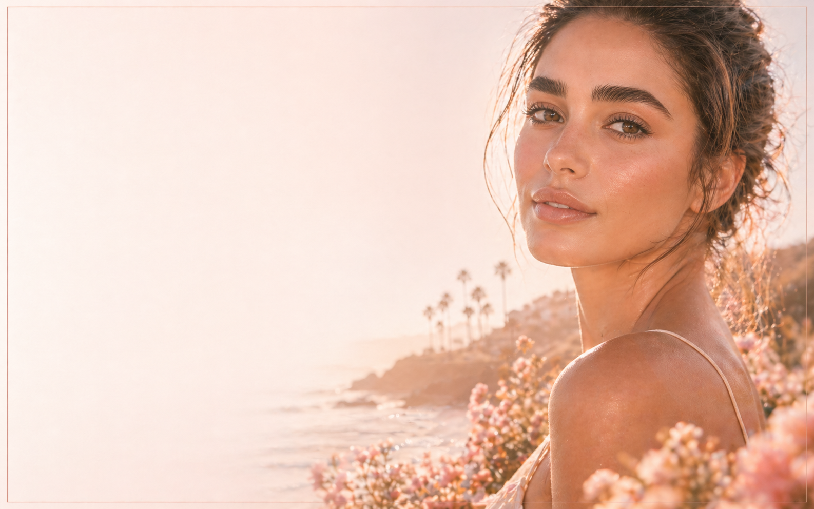 A woman with brown hair and brown eyes standing on a beach with pink flowers, palm trees, and cliffs in the background during sunset.